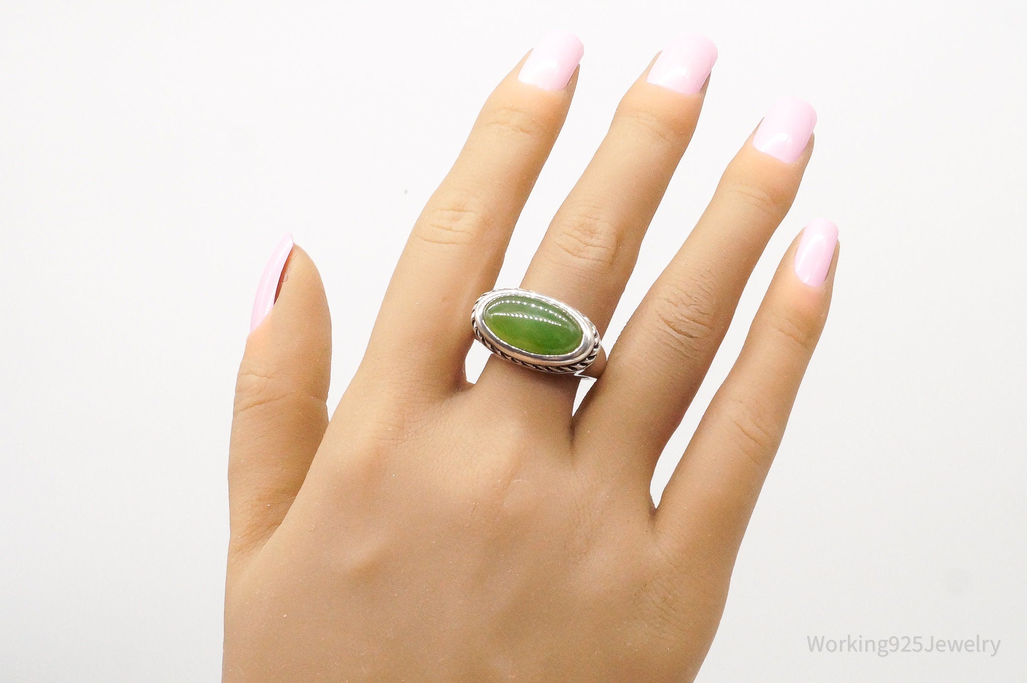 Vintage Jade Sterling Silver Ring - Size 11.25