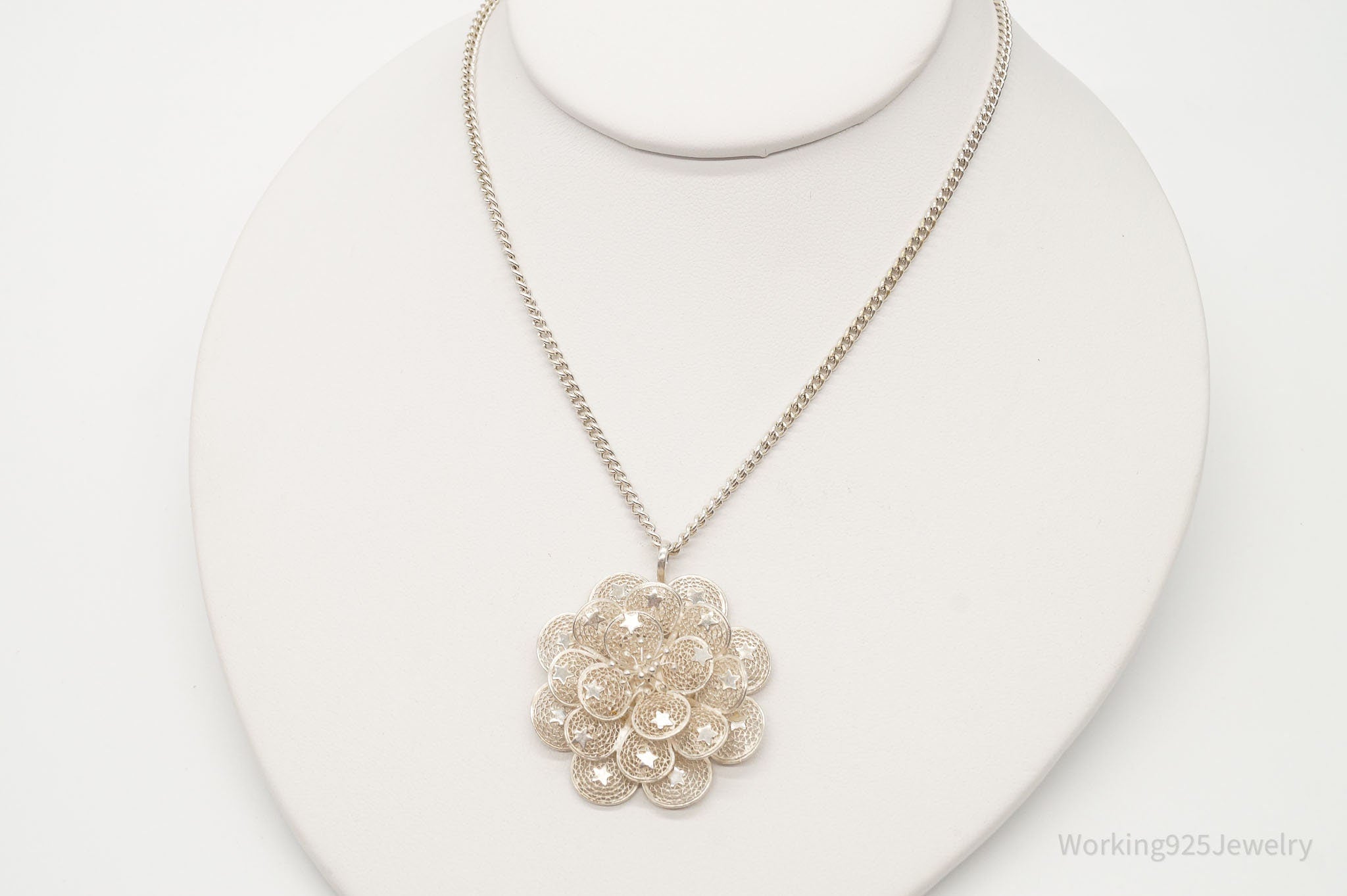 Vintage Large Filigree Flower Star Petals Silver Chain Necklace