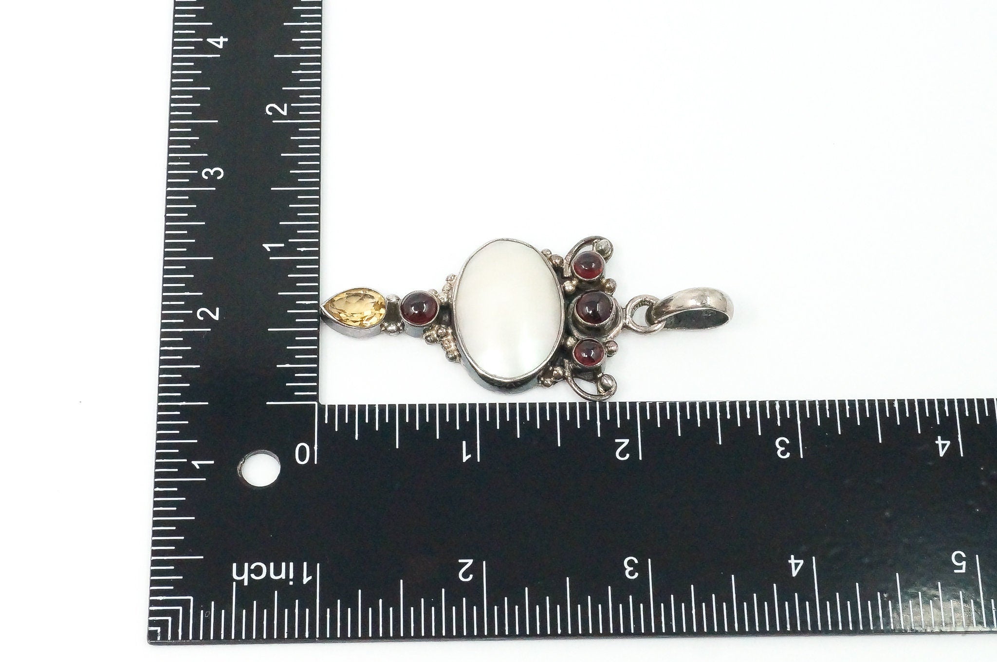 Large Vintage Mothe Of Pearl Citrine Garnet Sterling Silver Pendant