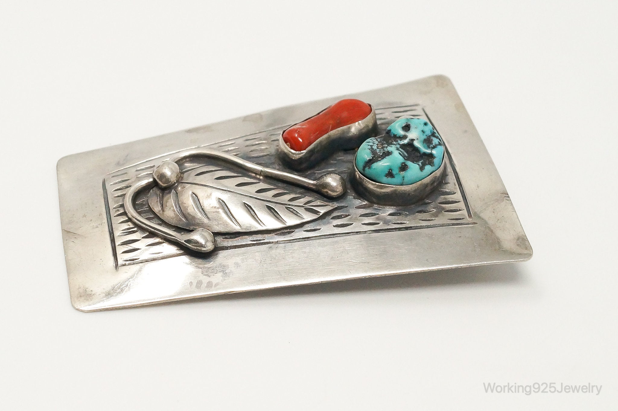 Native American David F Garcia Turquoise Coral Sterling Silver Bolo Tie Clip