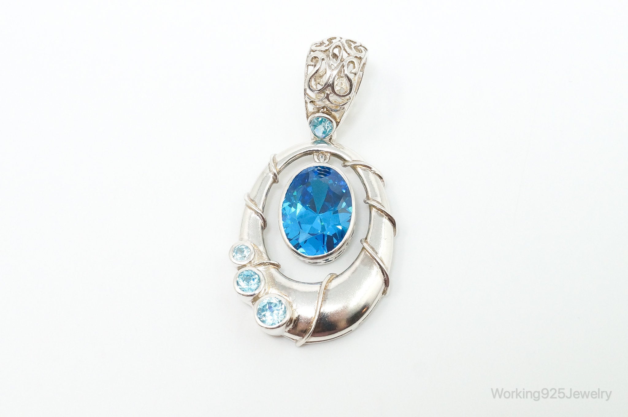 Vintage Art Deco Large Blue Topaz Sterling Silver Pendant