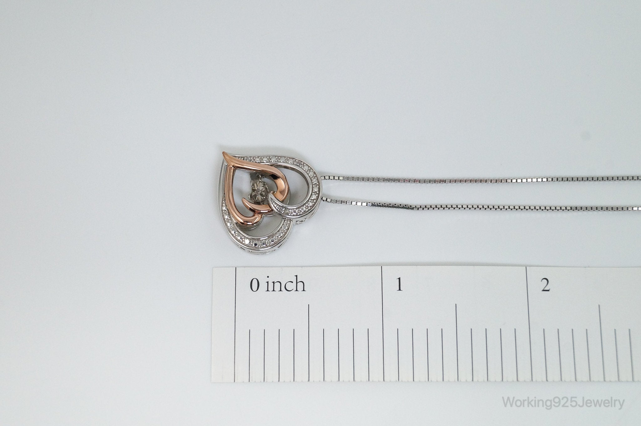 Vintage 10K Rose Gold Diamond Heart Sterling Silver Necklace - 18 Inch Chain