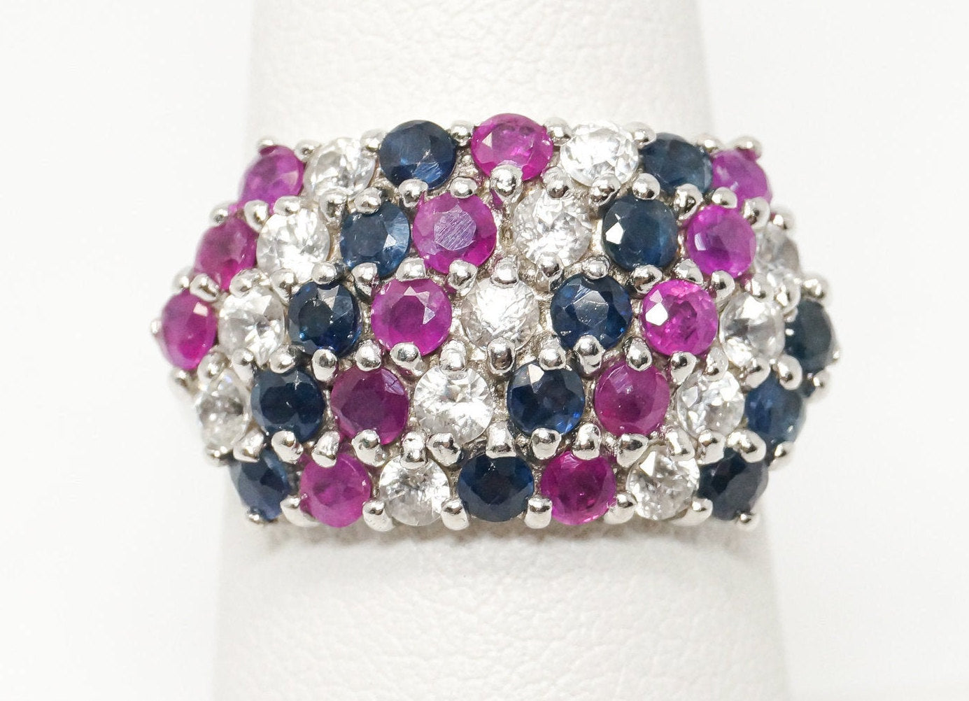 Vintage Art Deco Ruby Sapphire Cubic Zirconia Sterling Silver Ring - Size 7.25