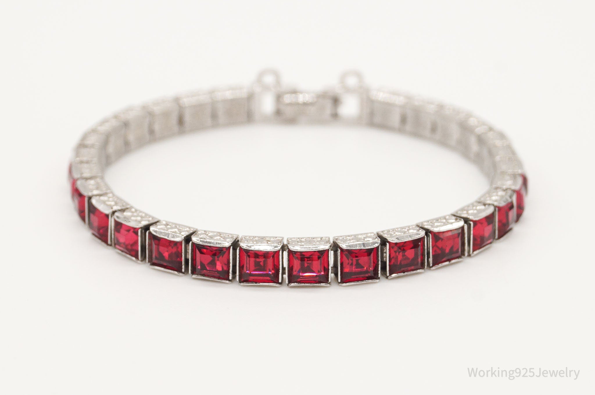 Antique Art Deco Channel Set Red Rhinestone Sterling Silver Bracelet