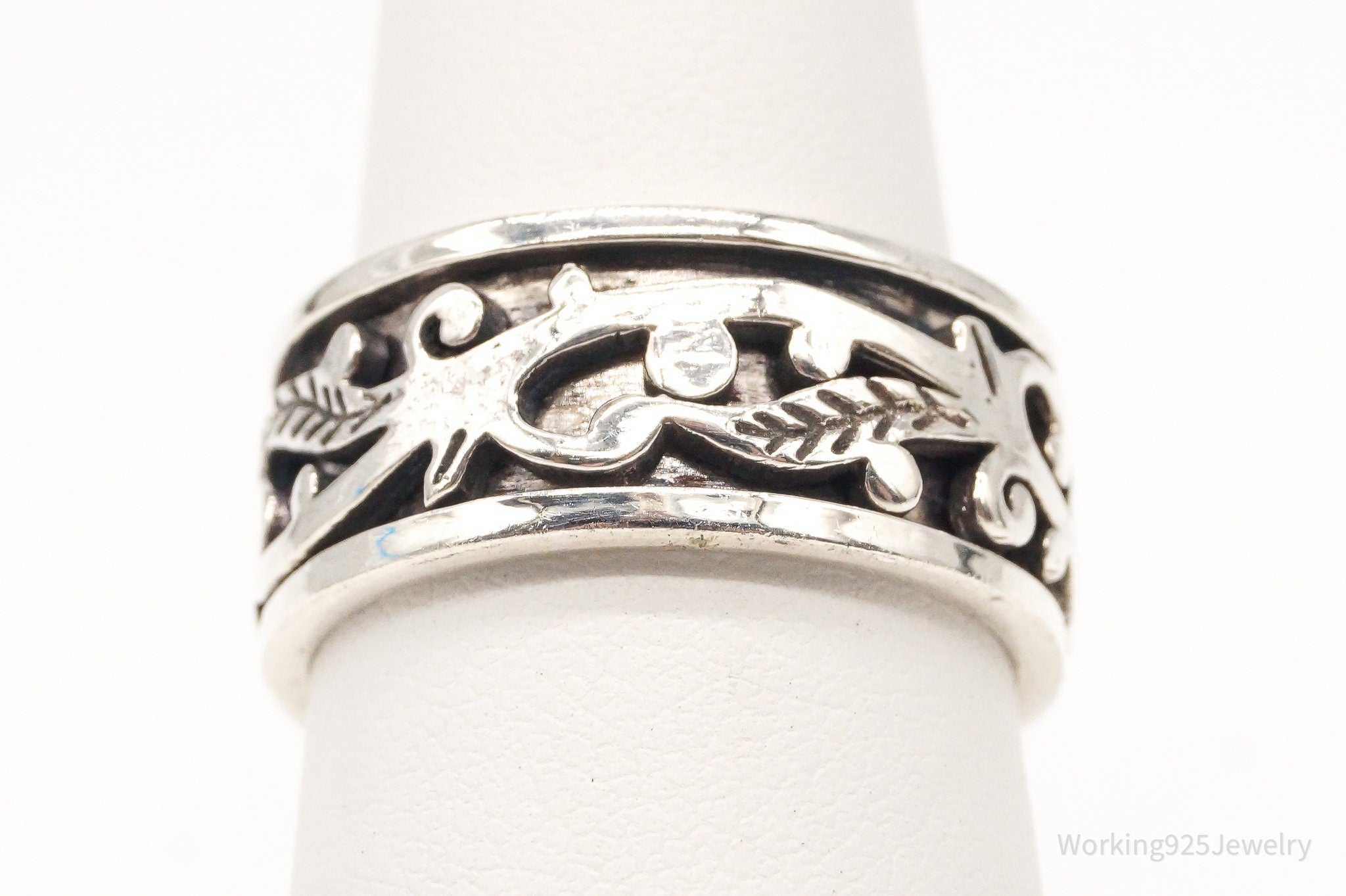 Vintage Floral Leaf Sterling Silver Spinner Ring - Size 7.25