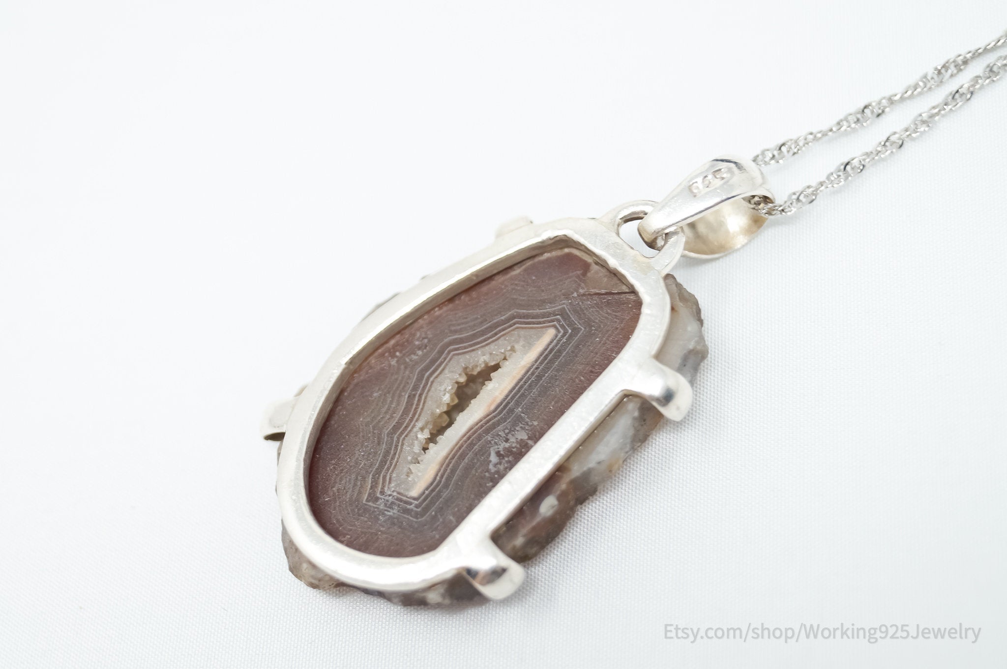 Vintage Large Brown Crazy Lace Agate Sterling Silver Necklace