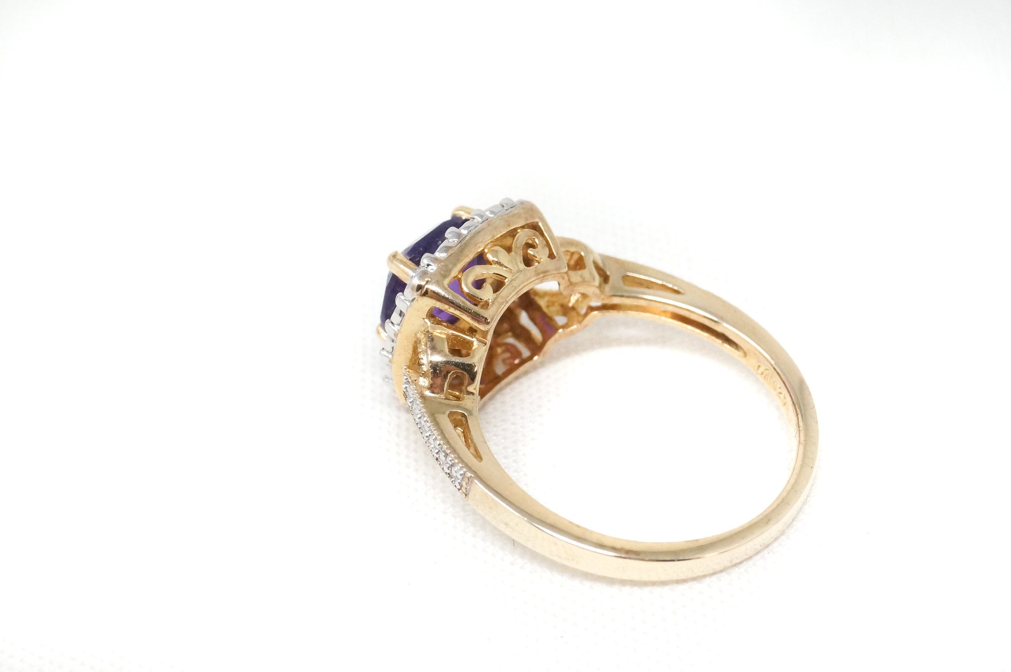 Vintage Amethyst Two Diamond Gold Vermeil Sterling Silver Ring - Sz 7