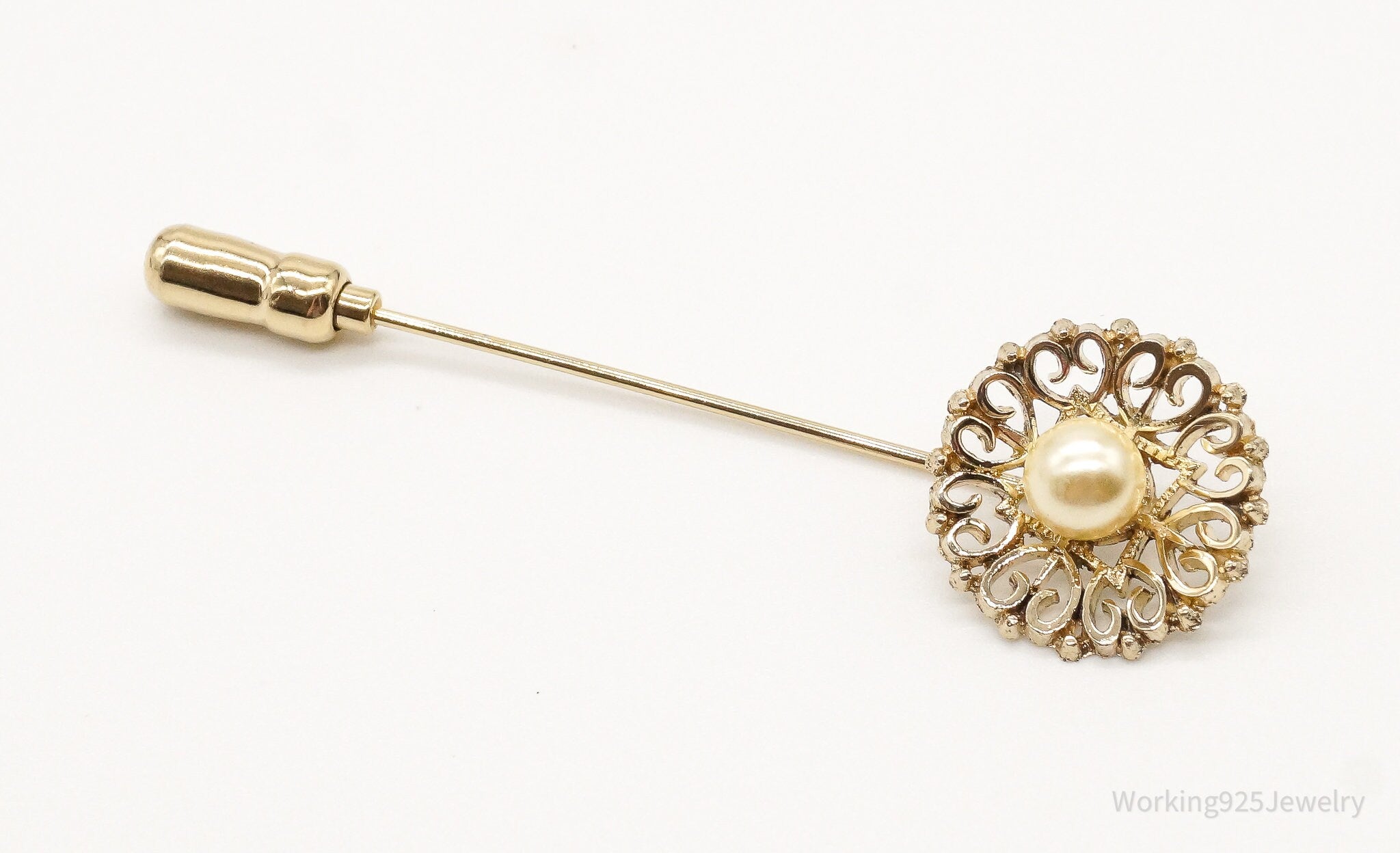 Antique Pearl Gold Vermeil Sterling Silver Stick Pin Brooch