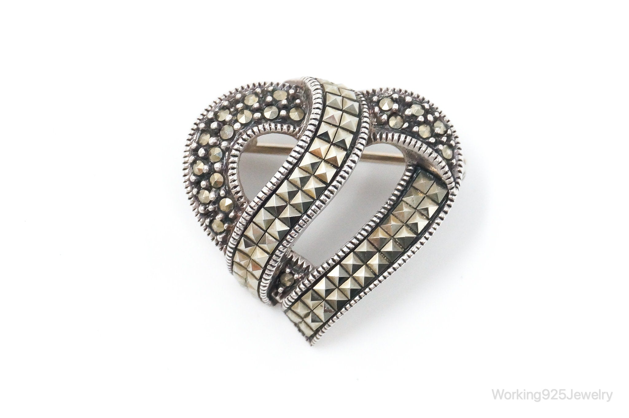 Vintage Designer Judith Jack Marcasite Open Heart Sterling Brooch Pin