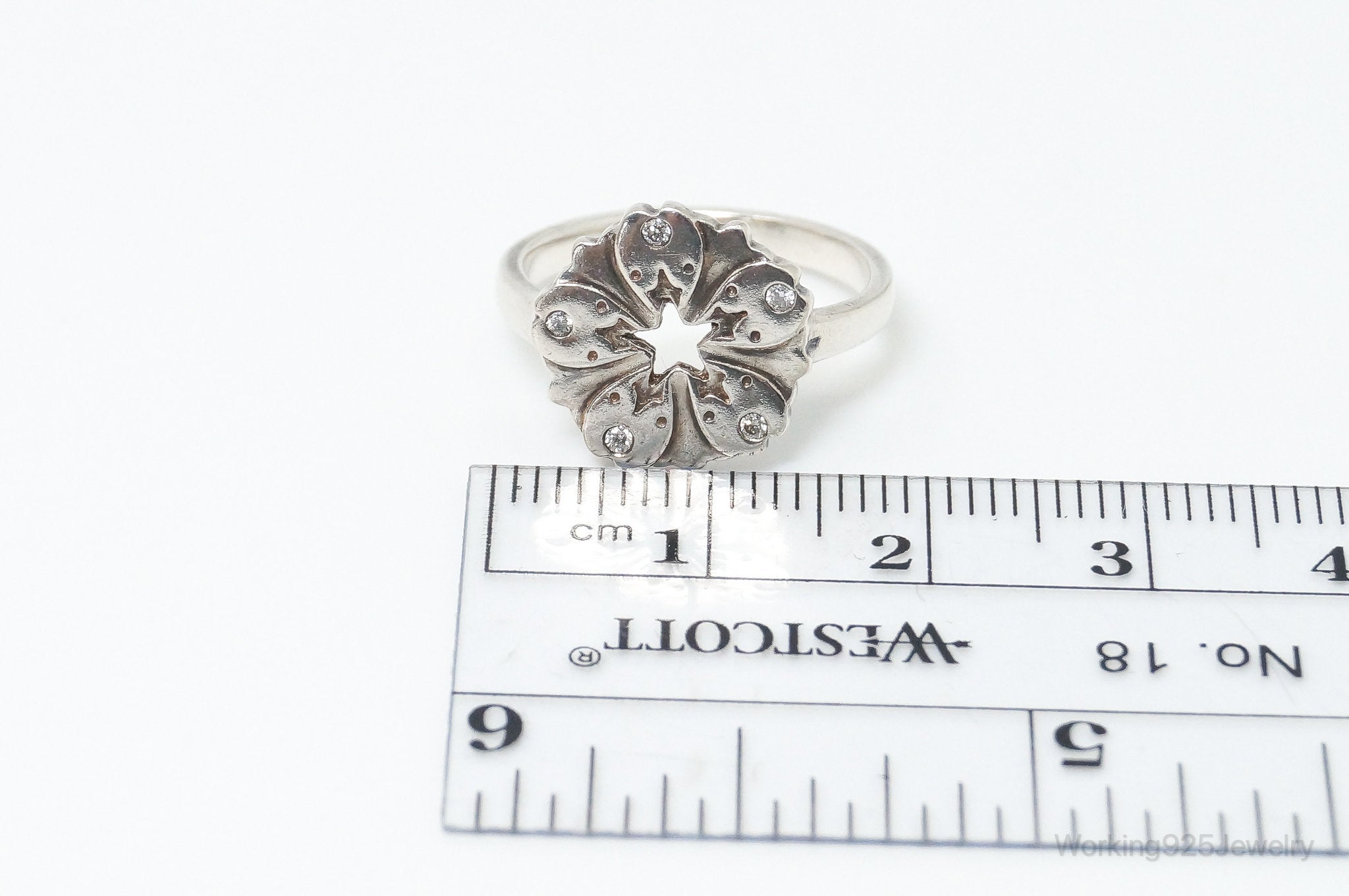 Vintage Cubic Zirconia Flower Sterling Silver Ring - Size 5.75