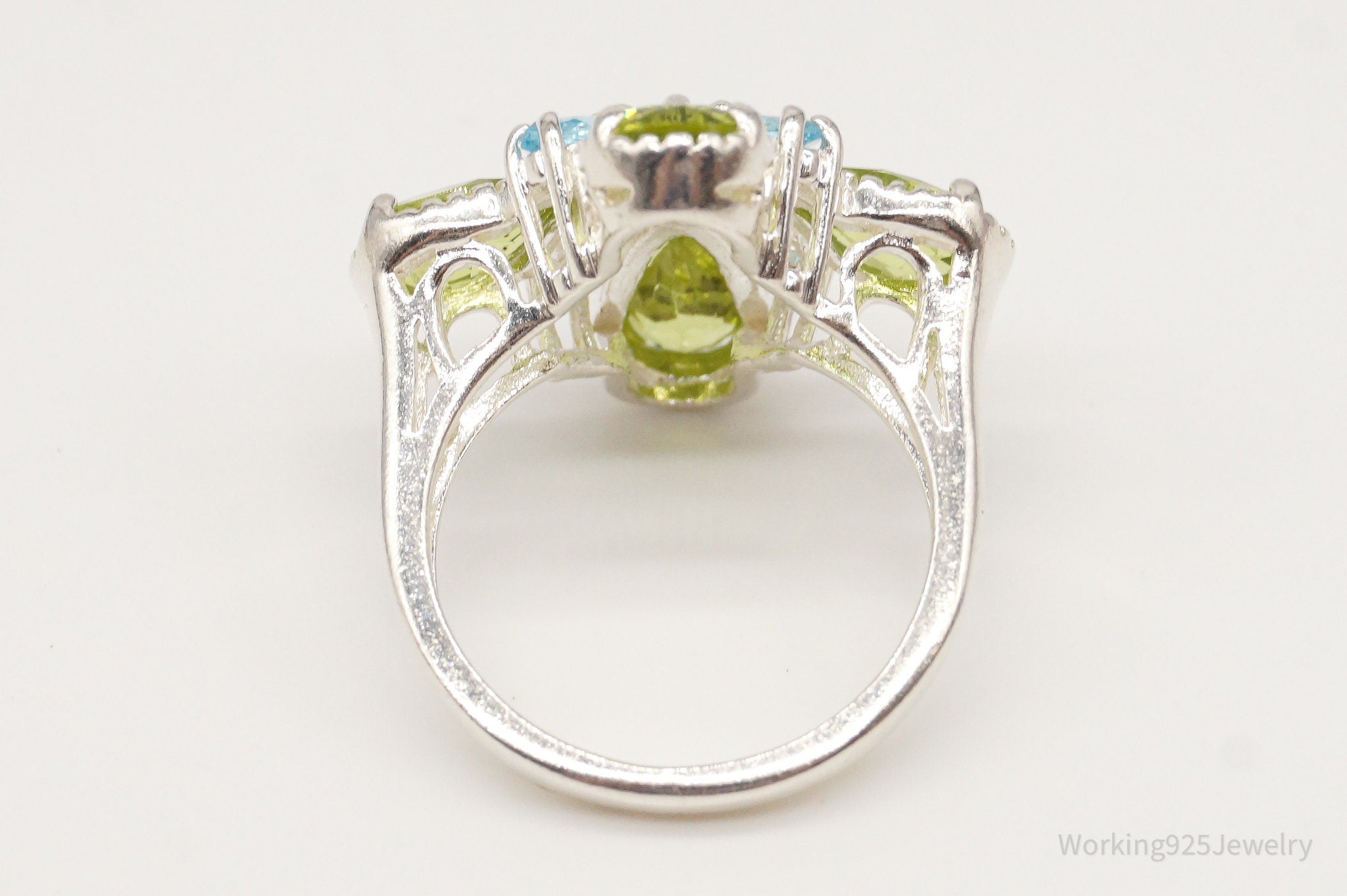 Vintage Designer Blue Topaz Peridot Flower Sterling Silver Ring - Size 6