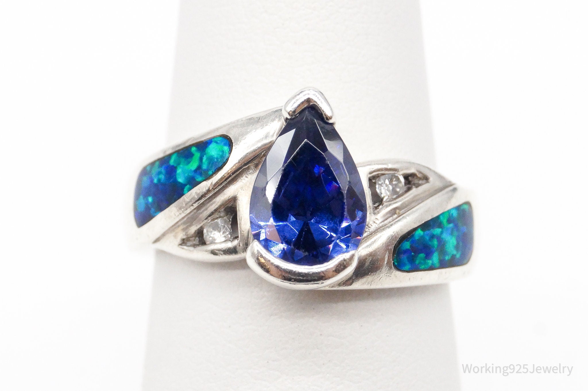 Vintage Iolite Cubic Zirconia Opal Silver Ring Size 5.25