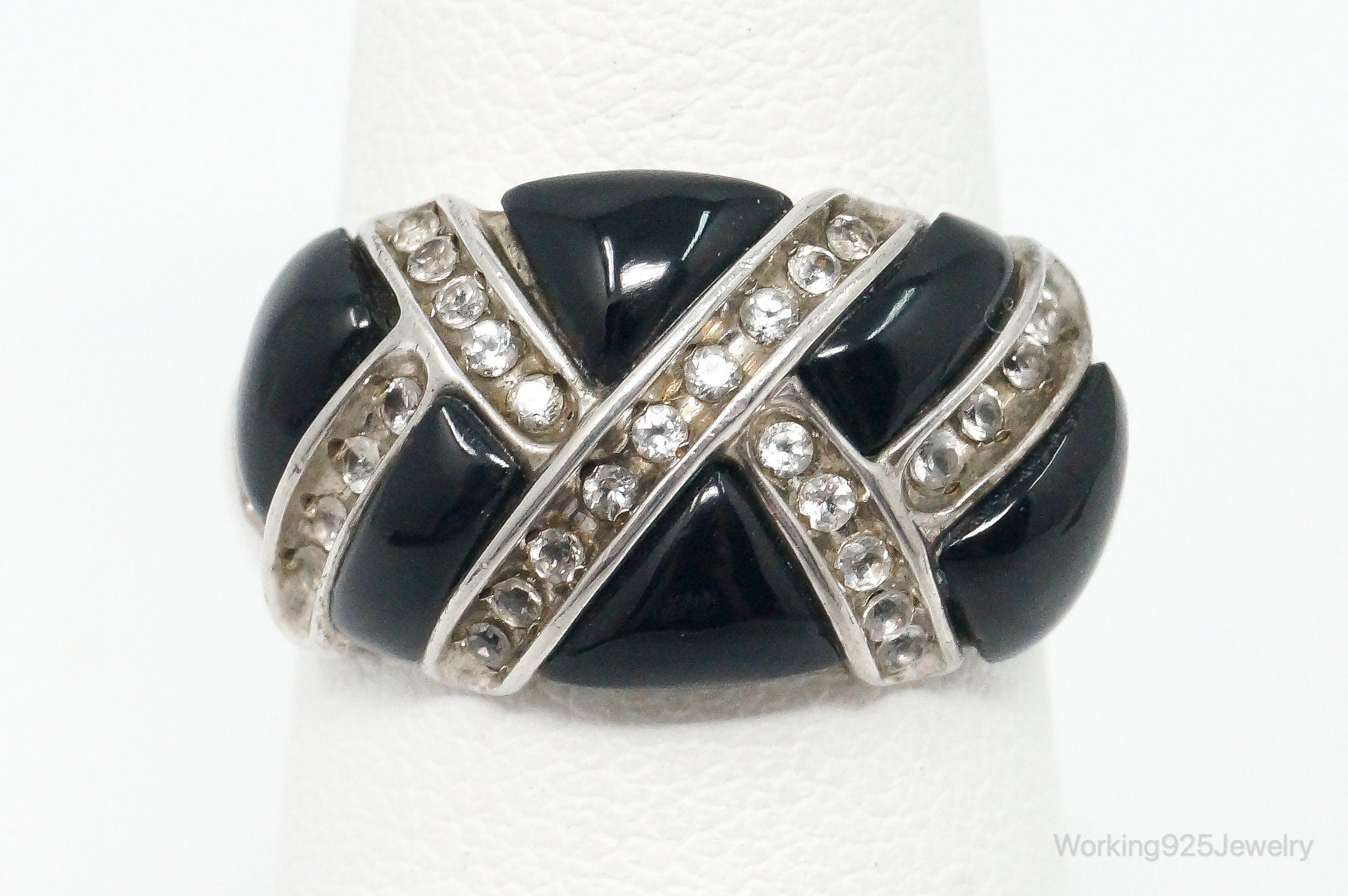 Vintage Designer Black Onyx Cubic Zirconia Sterling Silver Ring - Size 7