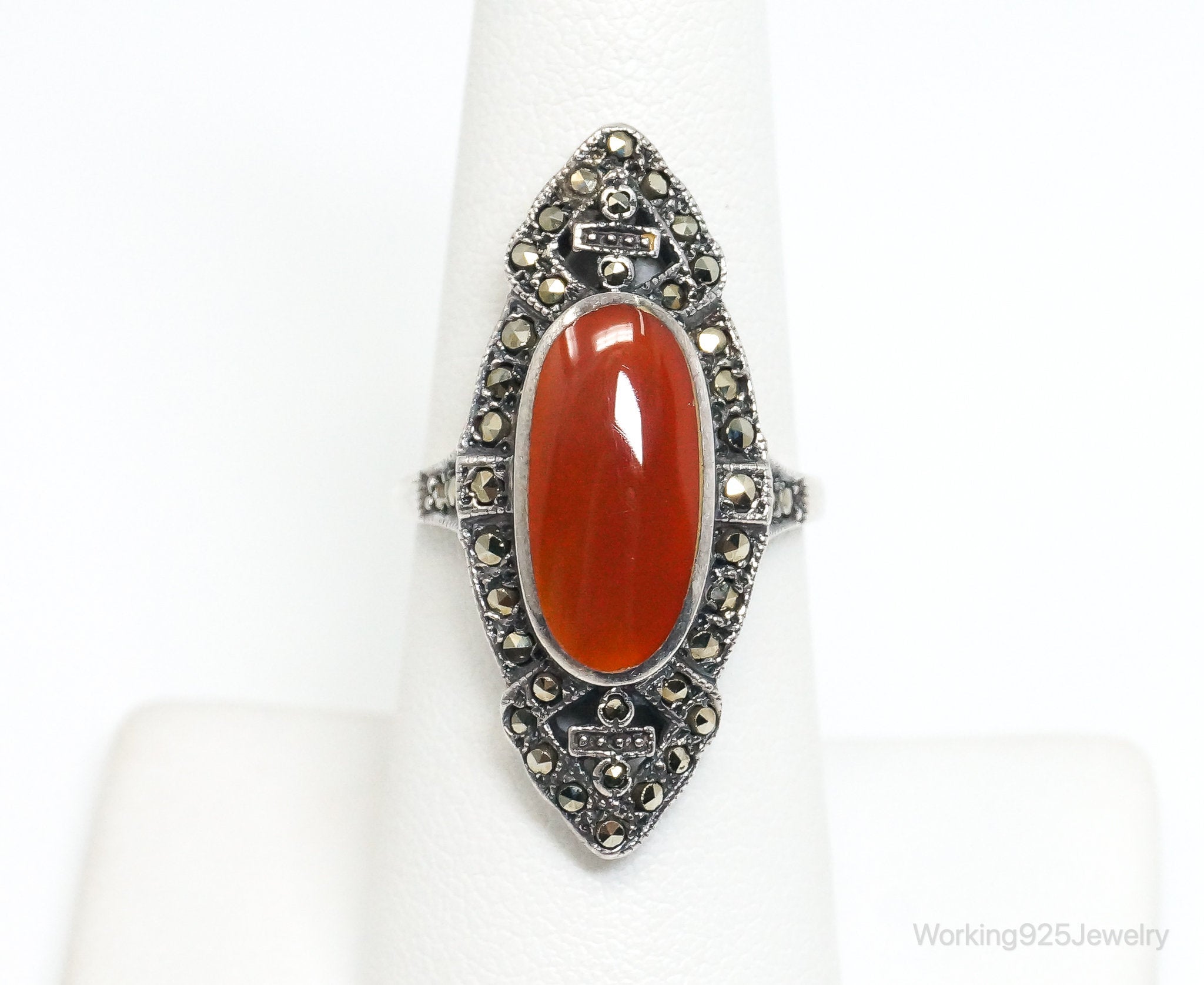 Vintage Art Deco Carnelian Marcasite Sterling Silver Ring - Size 7