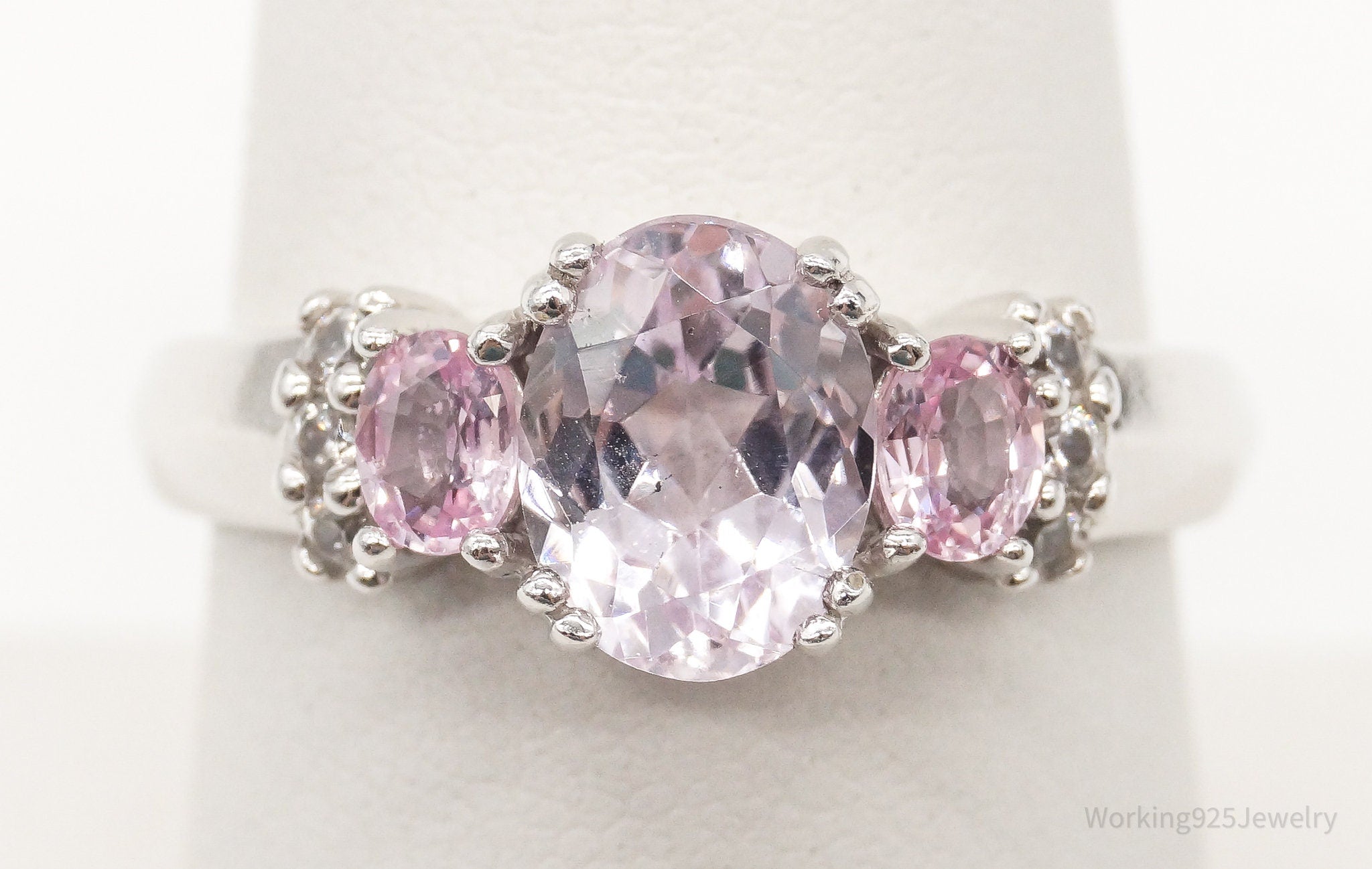 Pink Kunzite Pink Sapphire Cubic Zirconia Rhodium Sterling Silver Ring SZ 7.5