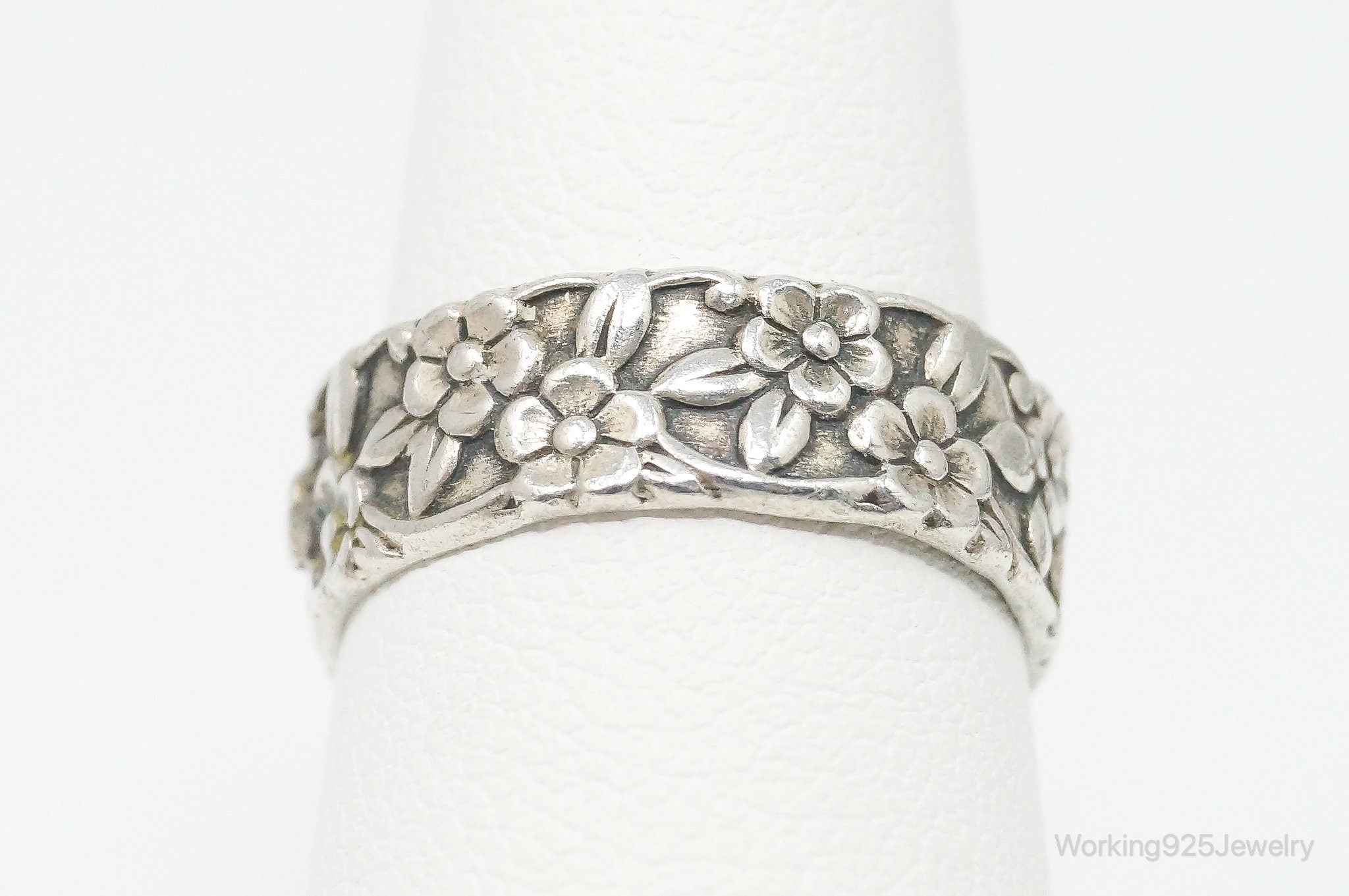 Antique Flowers Sterling Silver Band Ring - Size 6