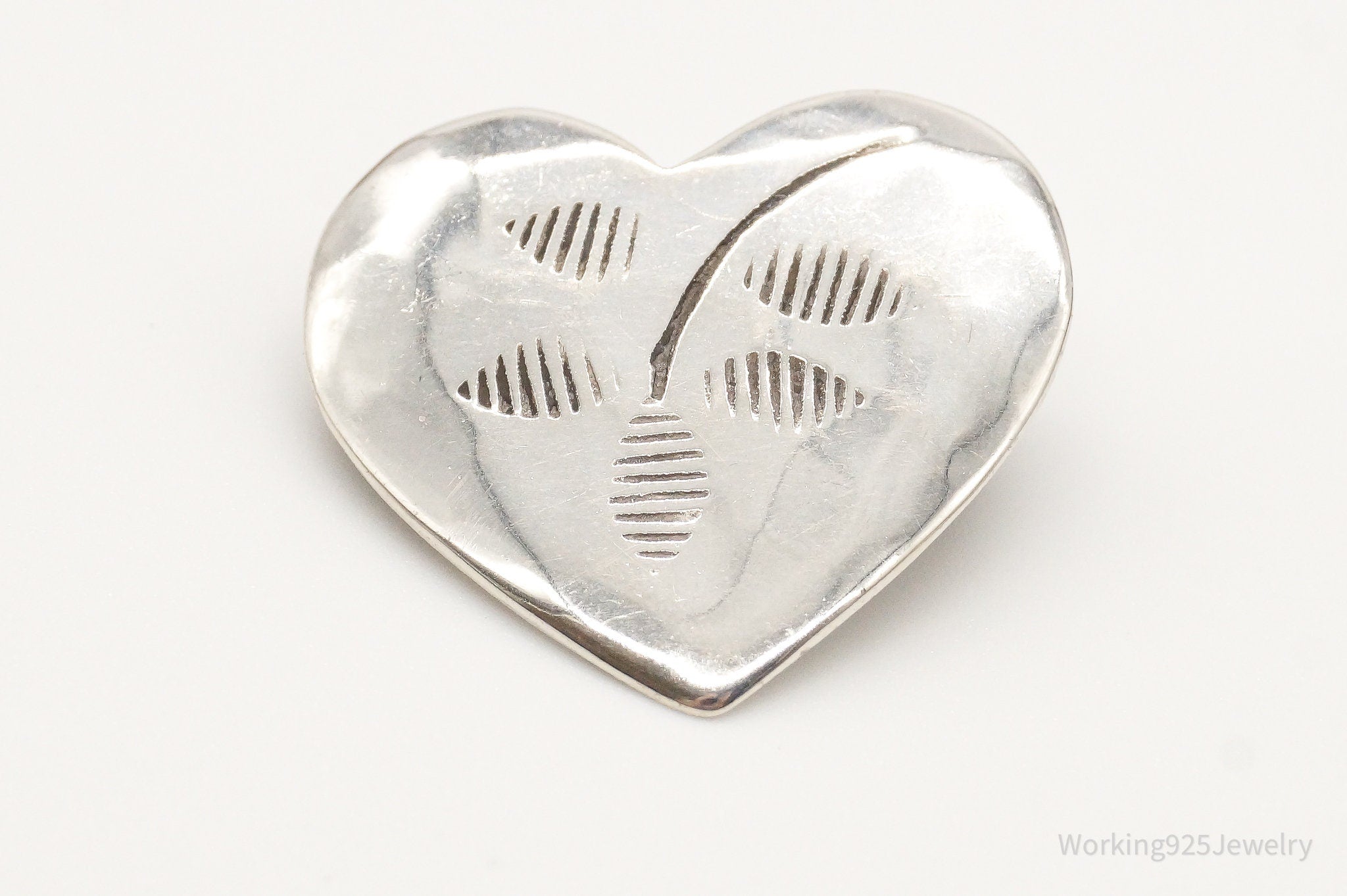 Antique Floral Leaves Heart Sterling Silver Brooch Pin