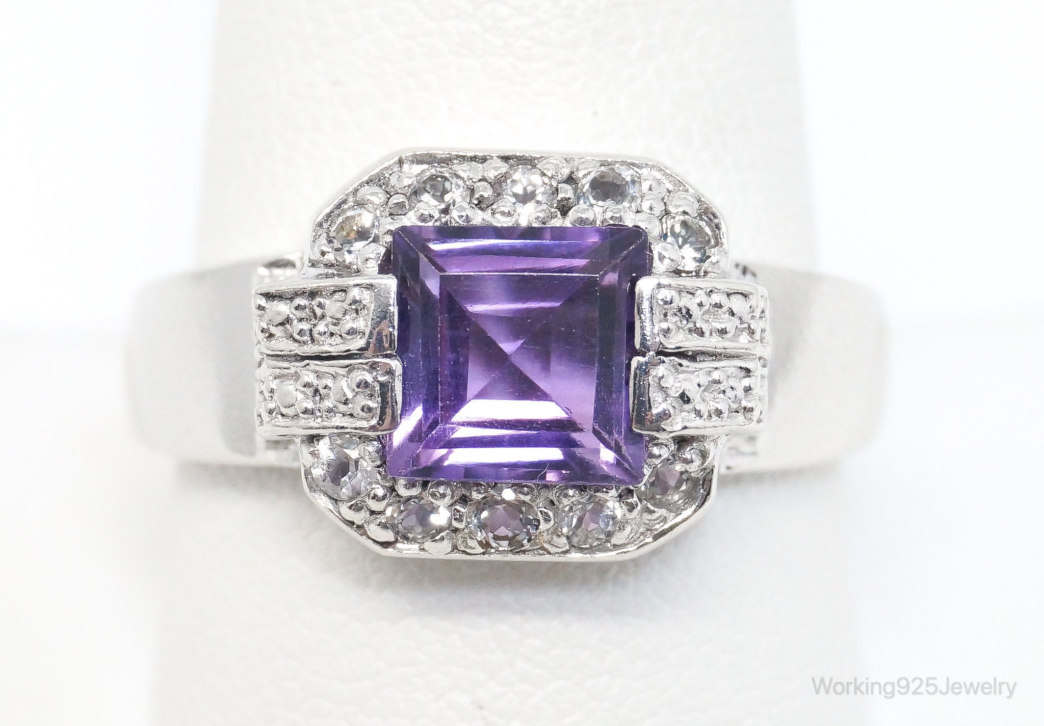 Vintage Amethyst Cubic Zirconia Art Deco Sterling Silver Ring - SZ 10.25