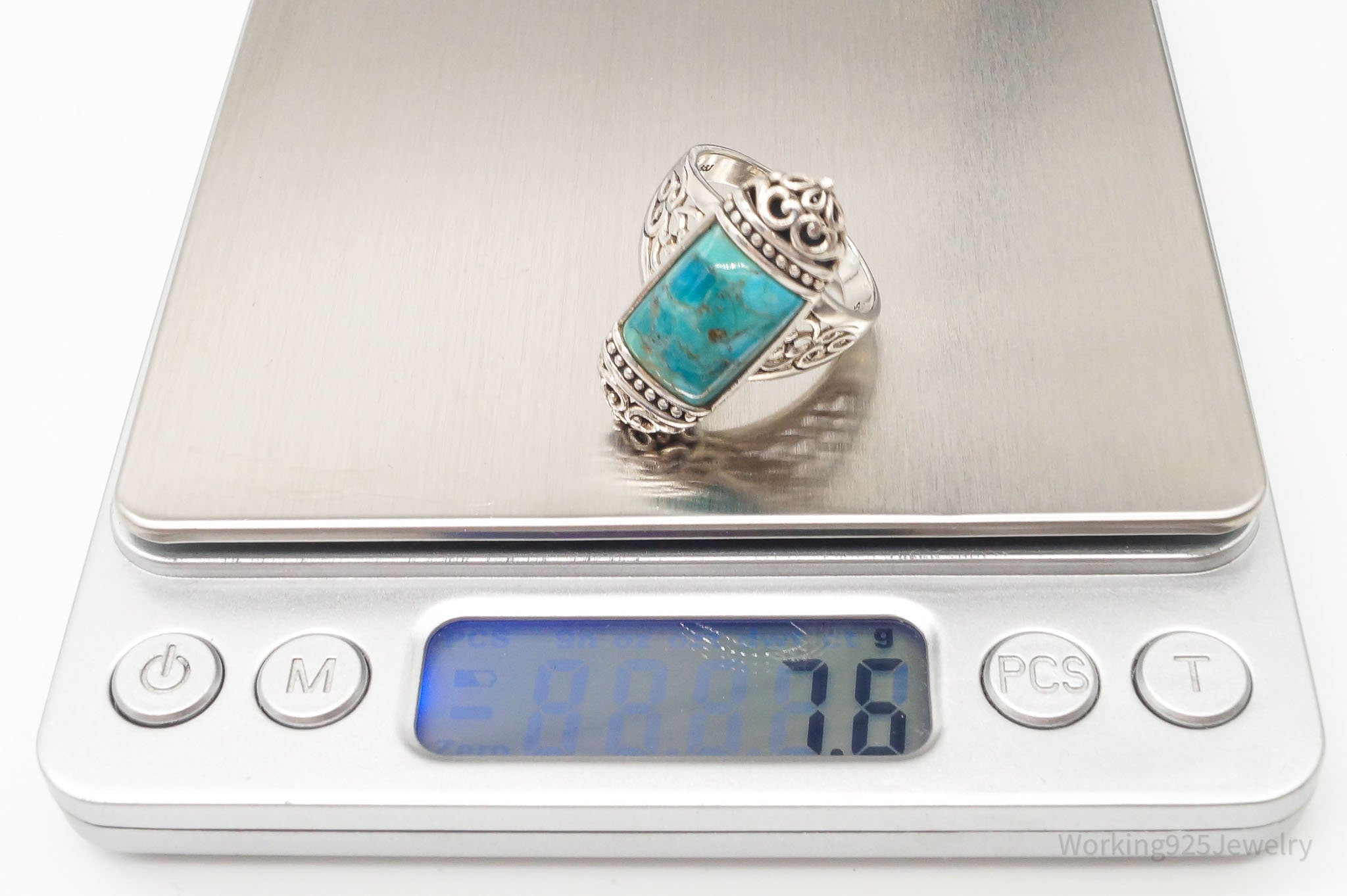 Designer BBJ Turquoise Filigree Sterling Silver Ring - Size 9.5