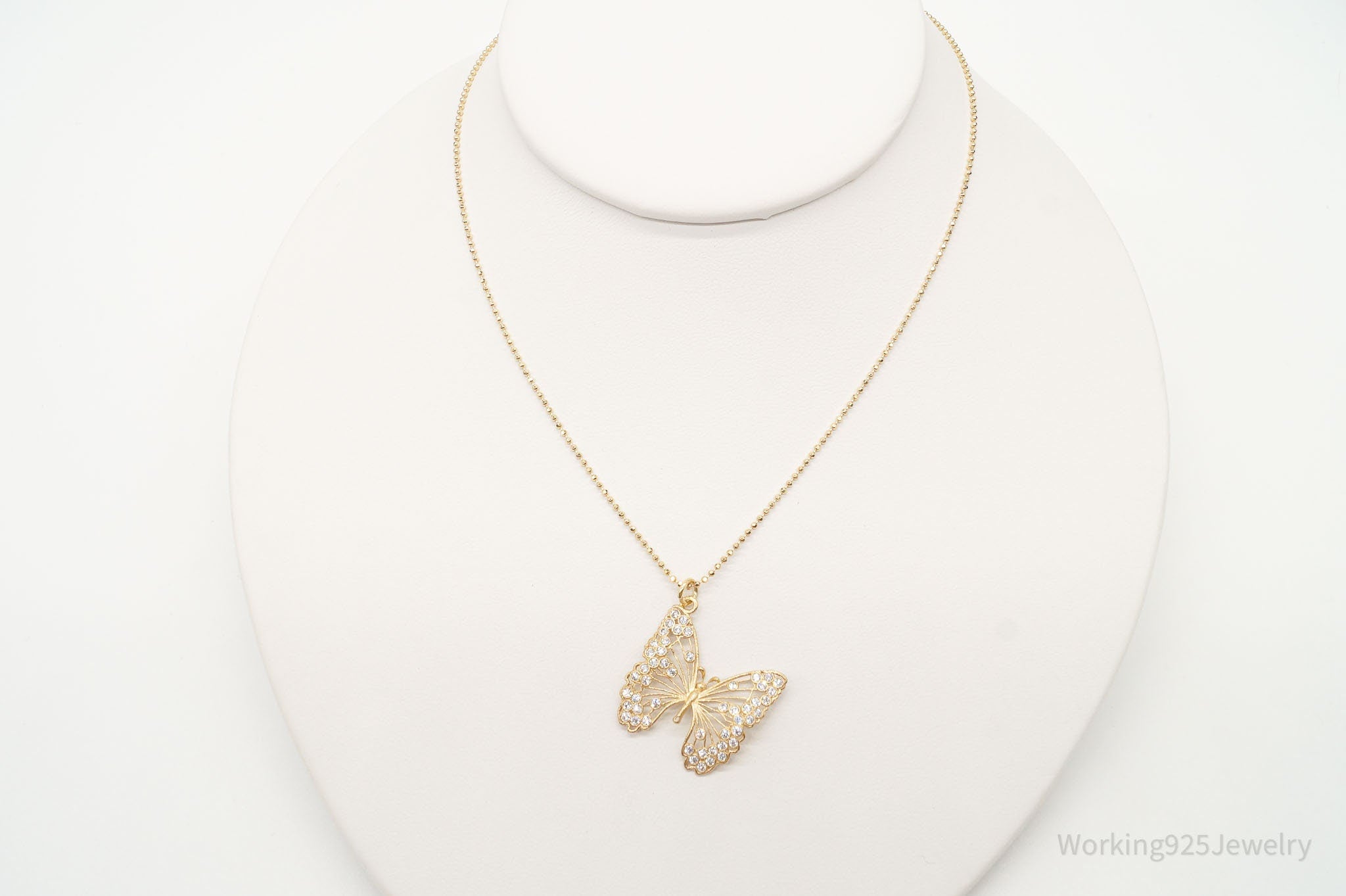 Large Vintage Butterfly Cubic Zirconia Gold Vermeil Sterling Silver Necklace