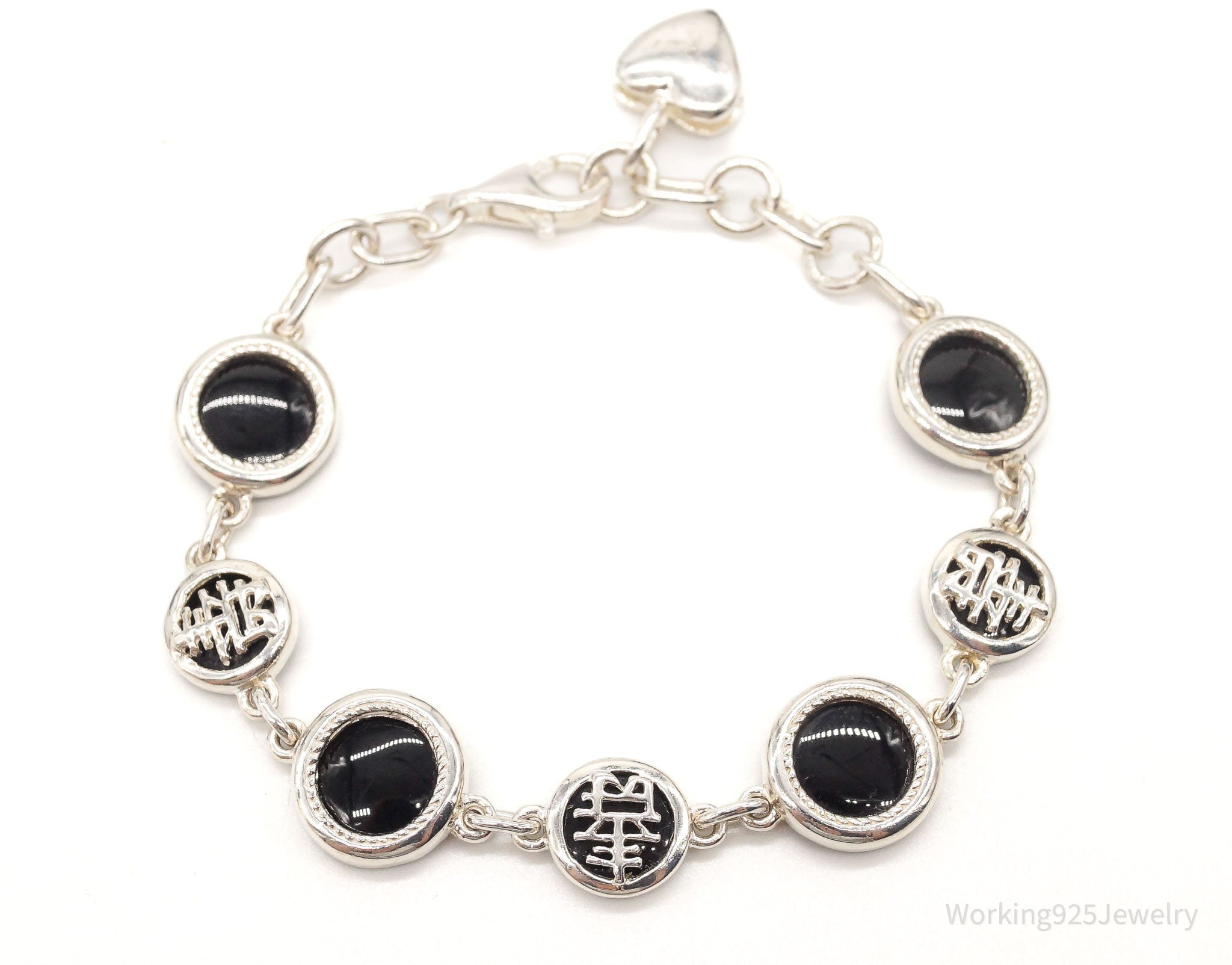 Vintage Black Onyx Good Fortune Sterling Silver Bracelet