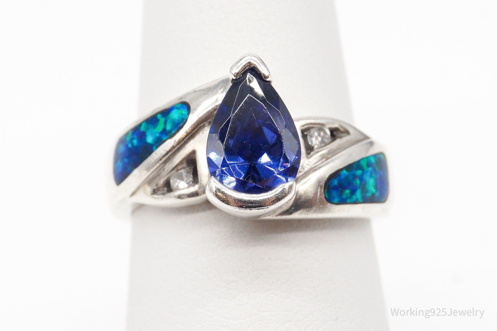 Vintage Iolite Cubic Zirconia Opal Silver Ring Size 5.25