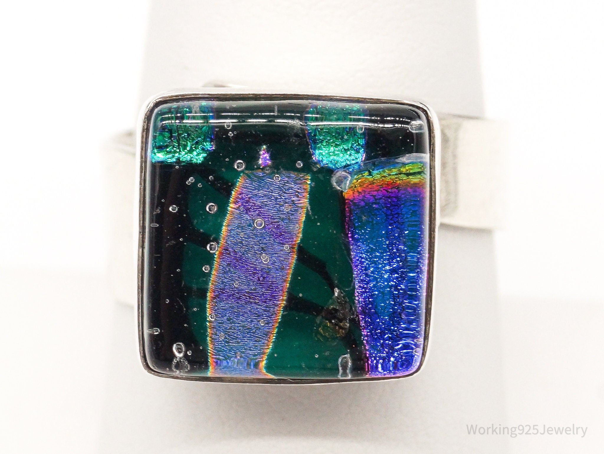 Vintage Dichroic Glass Sterling Silver Ring - Size 8.25 Adjustable