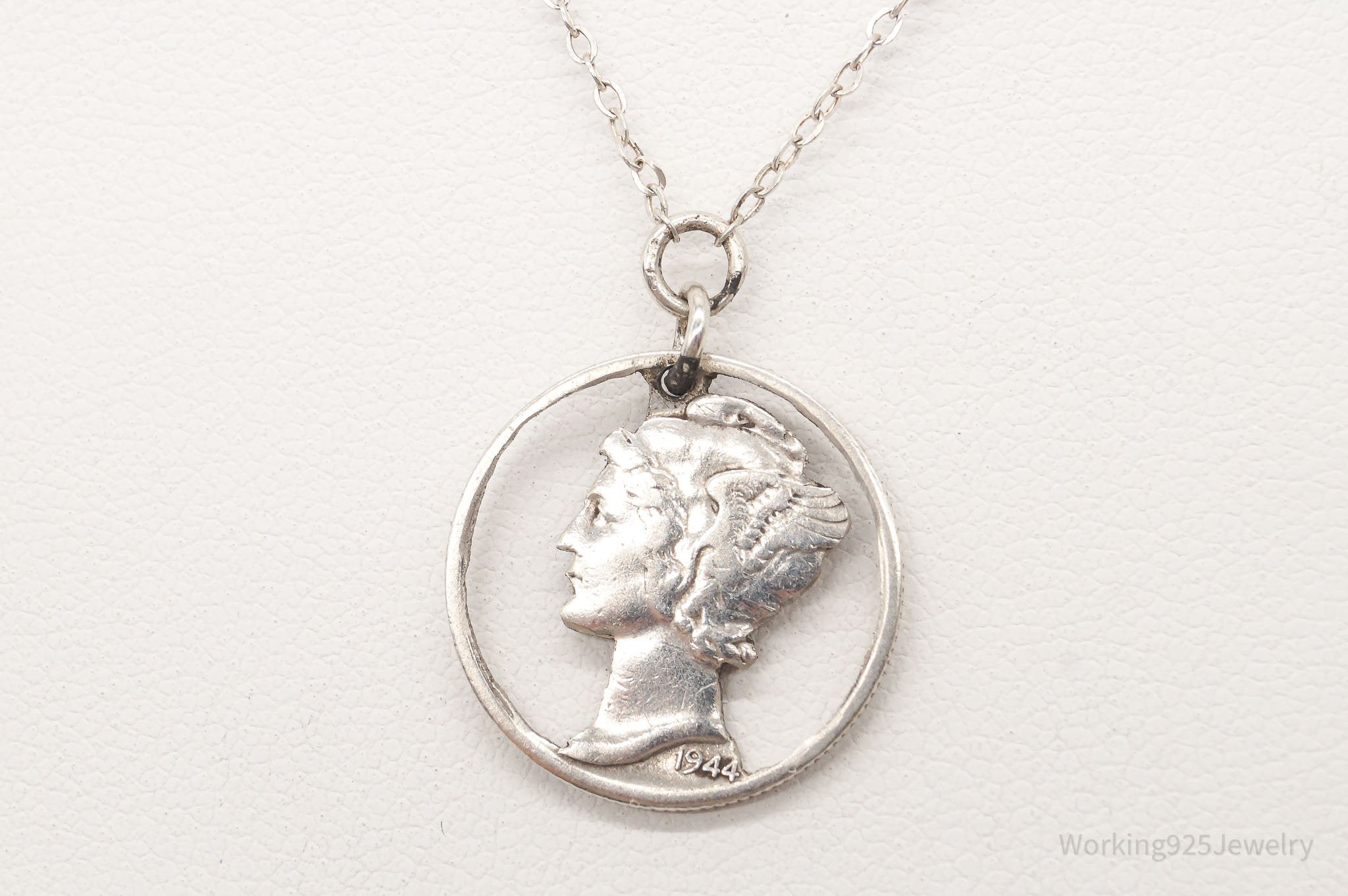 Vintage 1944 Mercury Dime Coin Cut Out Pendant - Sterling Silver Chain Necklace