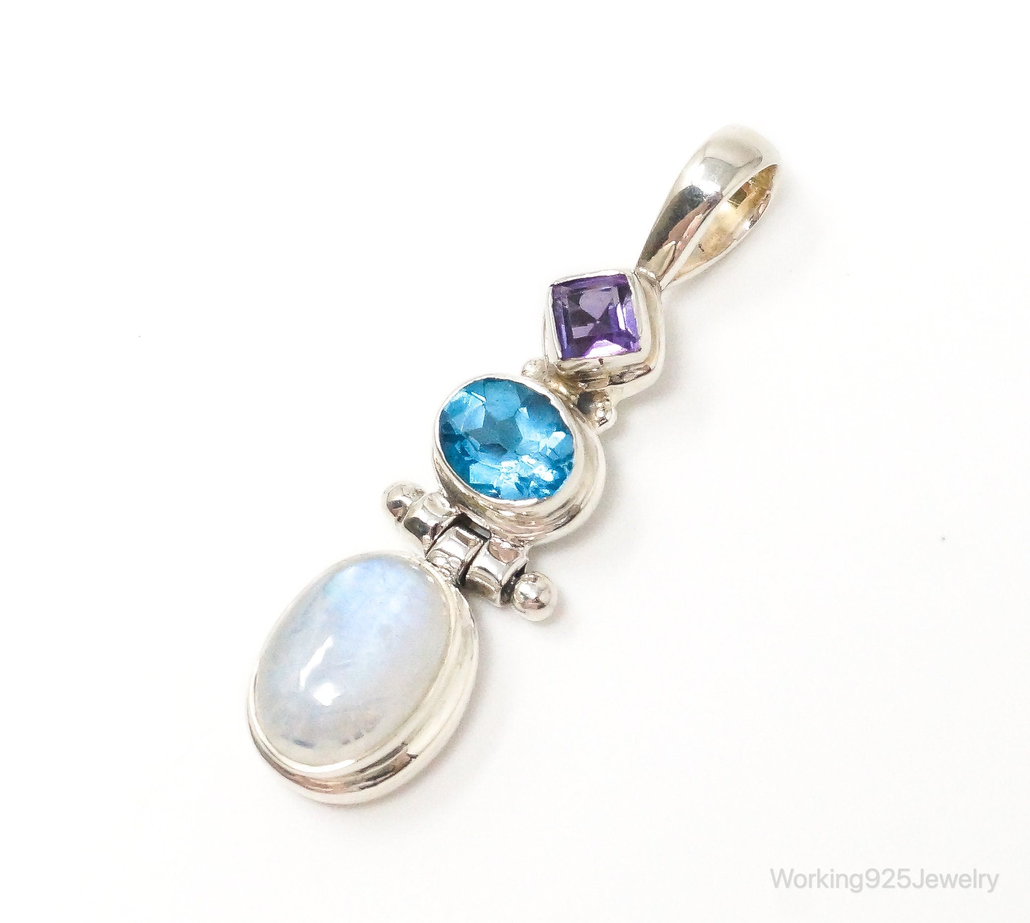 Large Vintage Blue Topaz Amethyst Moonstone Sterling Silver Pendant