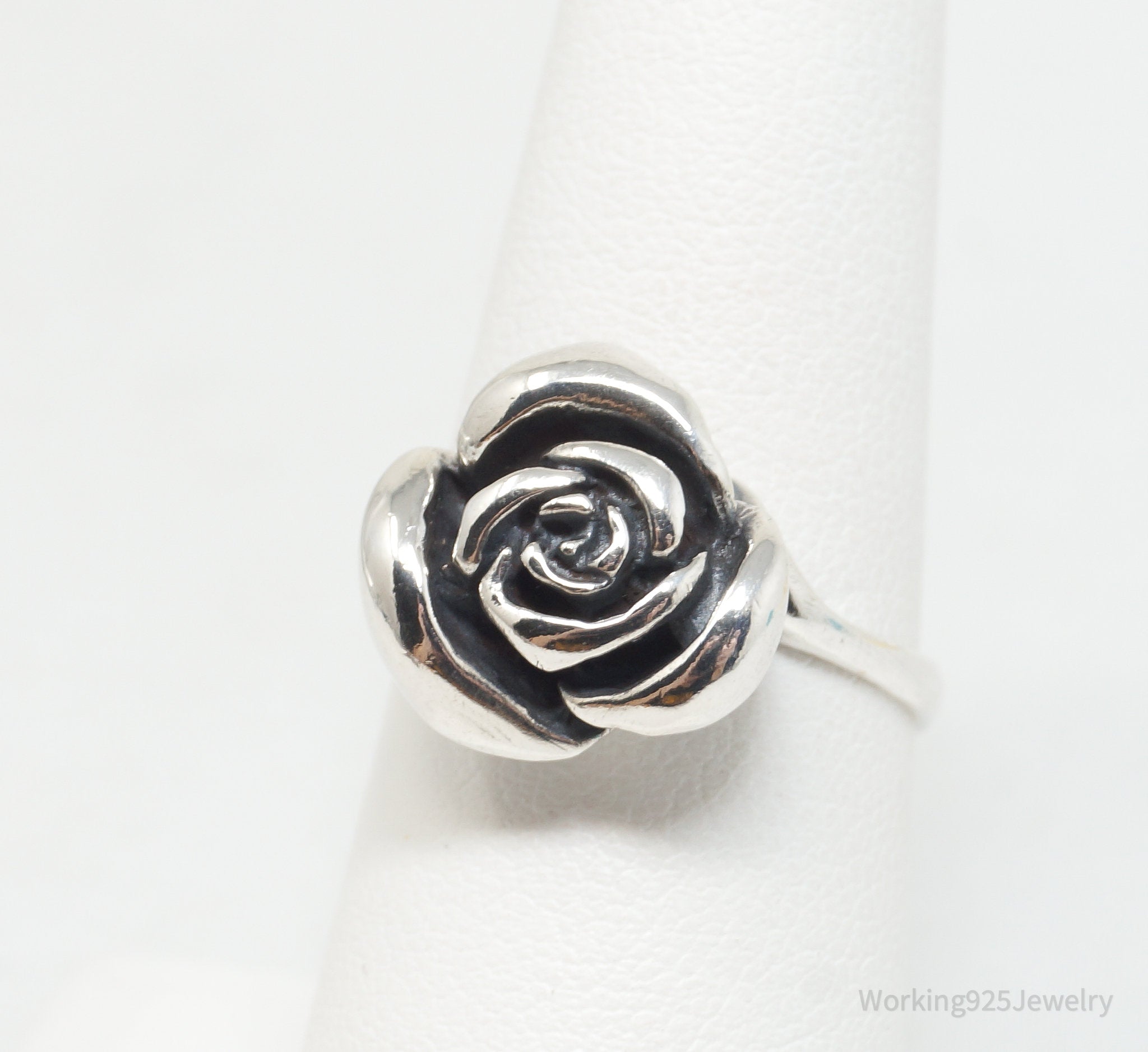 Vintage 3D Rose Flower Sterling Silver Cocktail Ring - Size 7