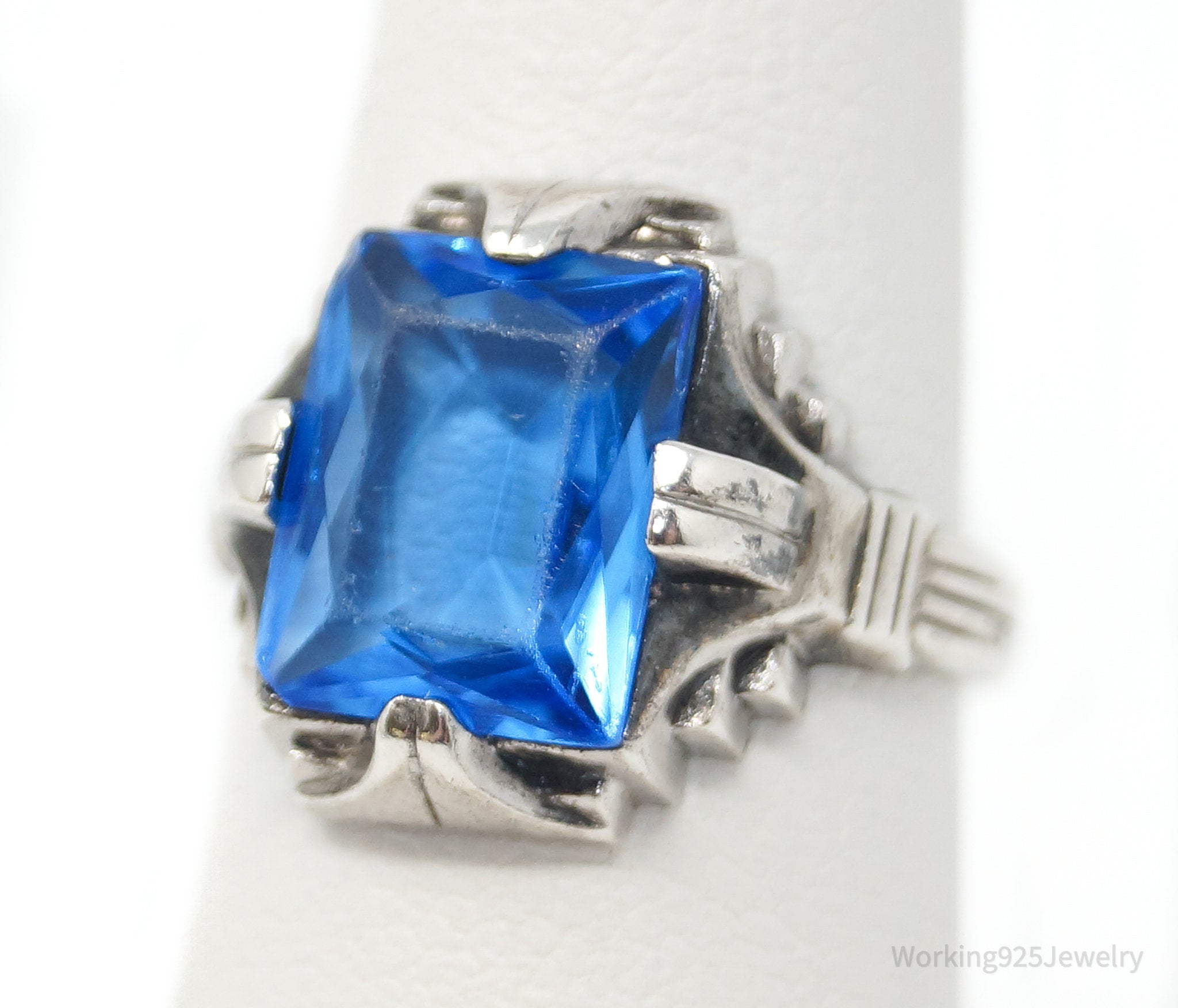 Antique Blue Glass Sterling Silver Statement Ring - Sz 4