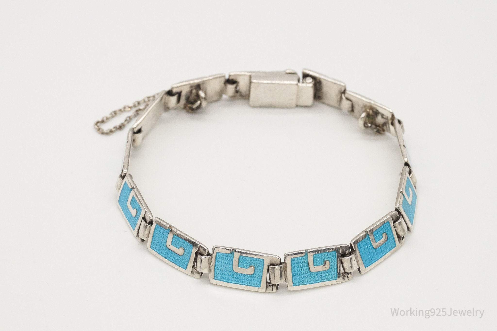 Rare Vintage MARGOT DE TAXCO Blue Enamel Link Sterling Silver Bracelet