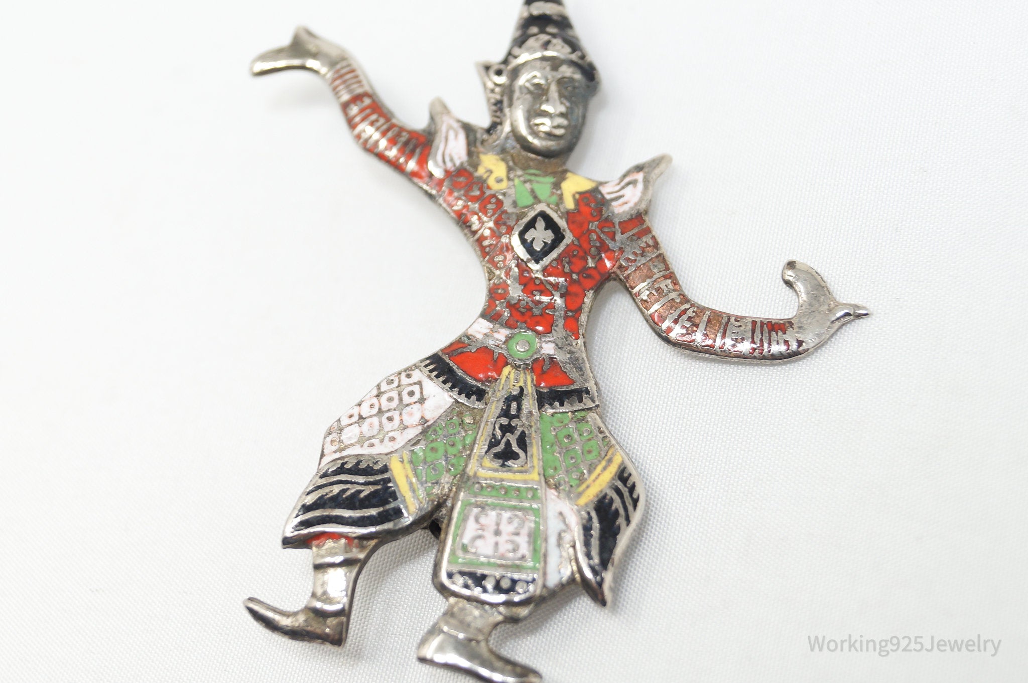 Large Vintage Thai Dancer Goddess Enamel Sterling Silver Brooch Pin