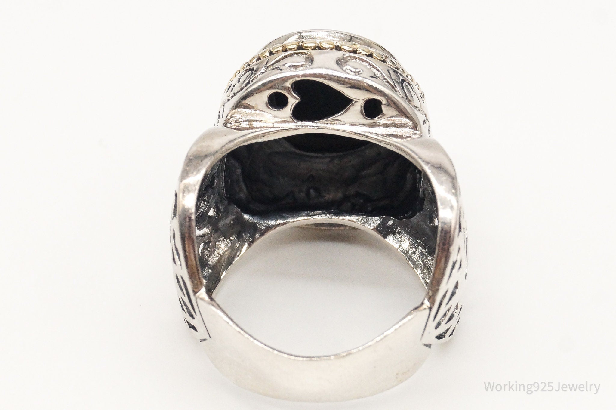 Vintage Designer FD Large Black Onyx Brass Sterling Silver Ring - Size 9