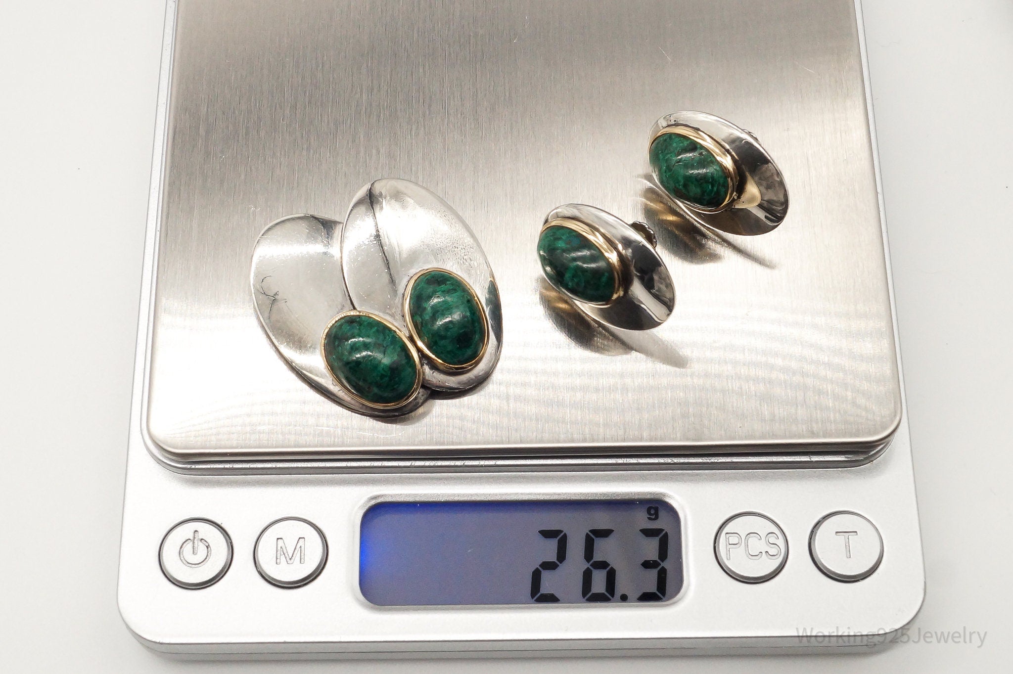 Vintage Carlos Diaz Malachite Gold Sterling Silver Earrings & Brooch Set