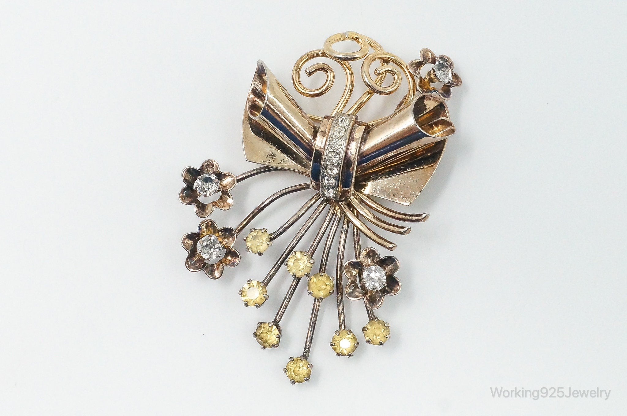 Large Antique Rhinestone Gold Tone Sterling Silver Brooch Pin