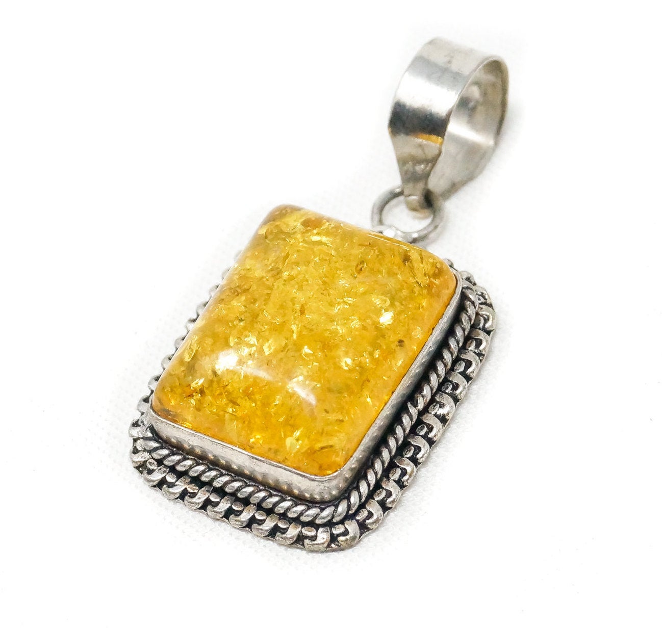 Large Vintage Amber Modernist Sterling Silver Necklace Pendant