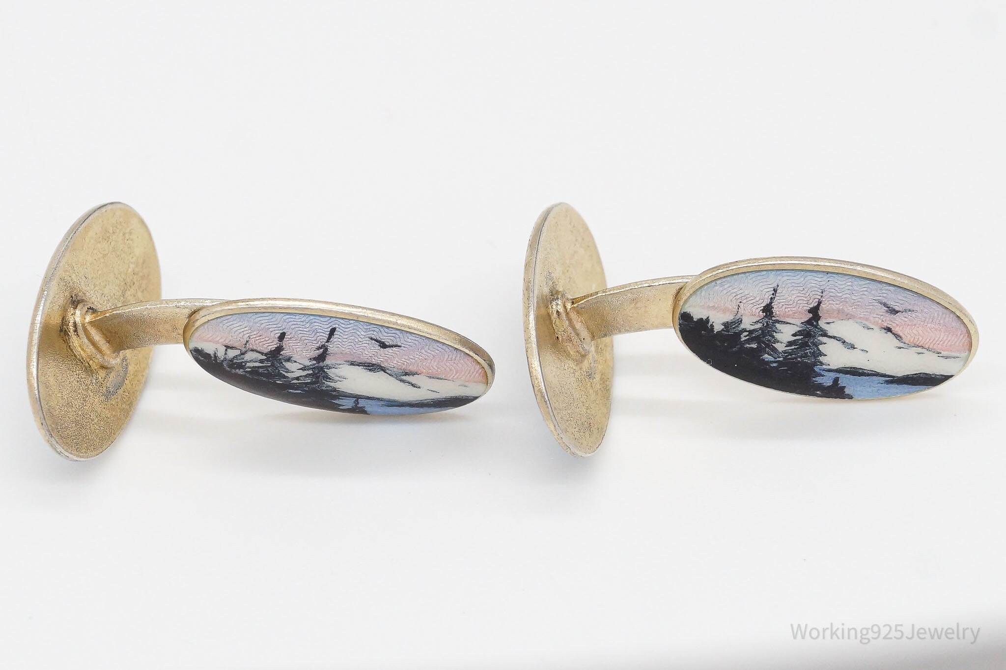 RARE Vintage Aksel Holmsen Enamel Mountain Gold Wash Sterling Silver Cufflinks