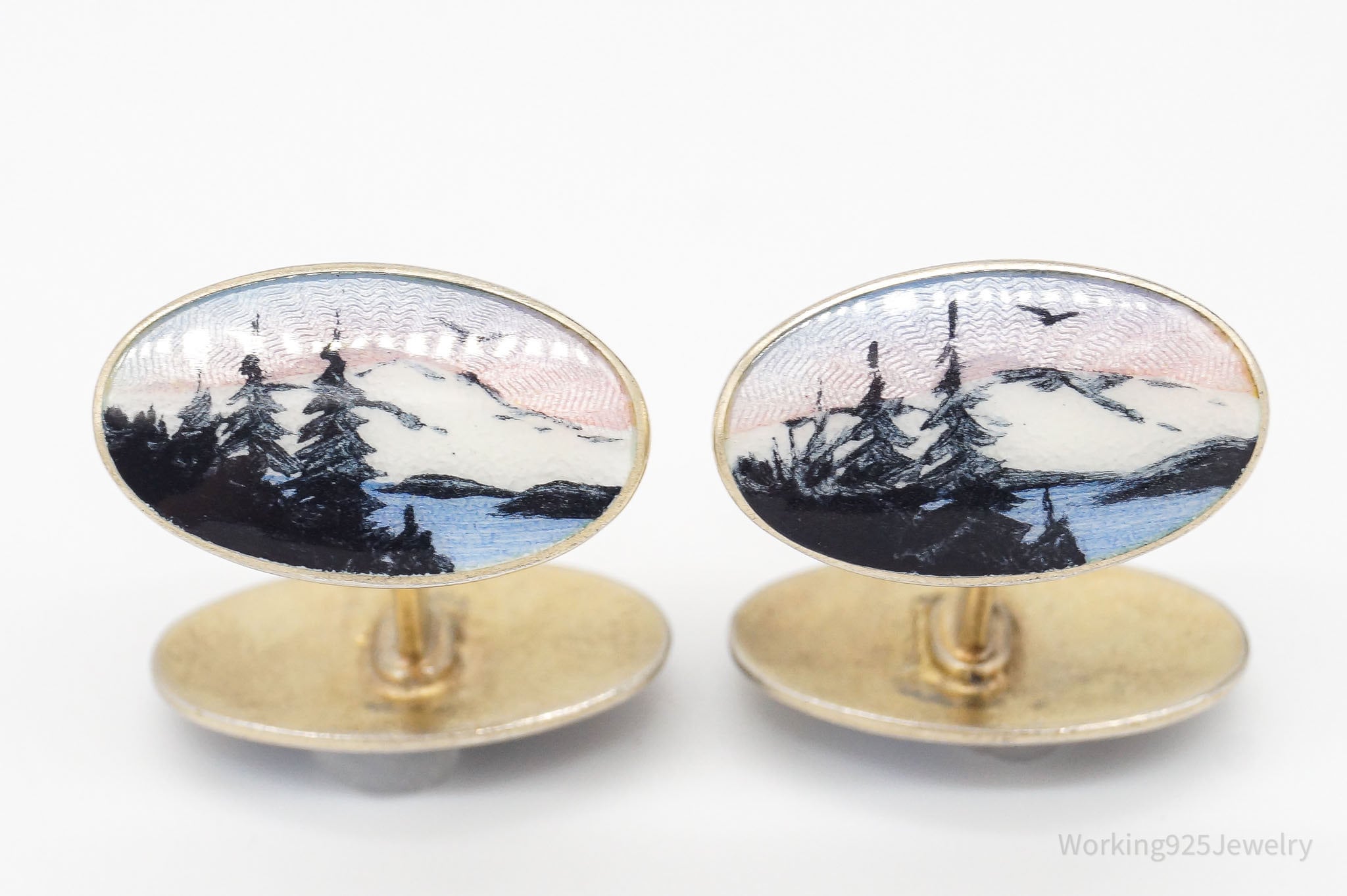 RARE Vintage Aksel Holmsen Enamel Mountain Gold Wash Sterling Silver Cufflinks