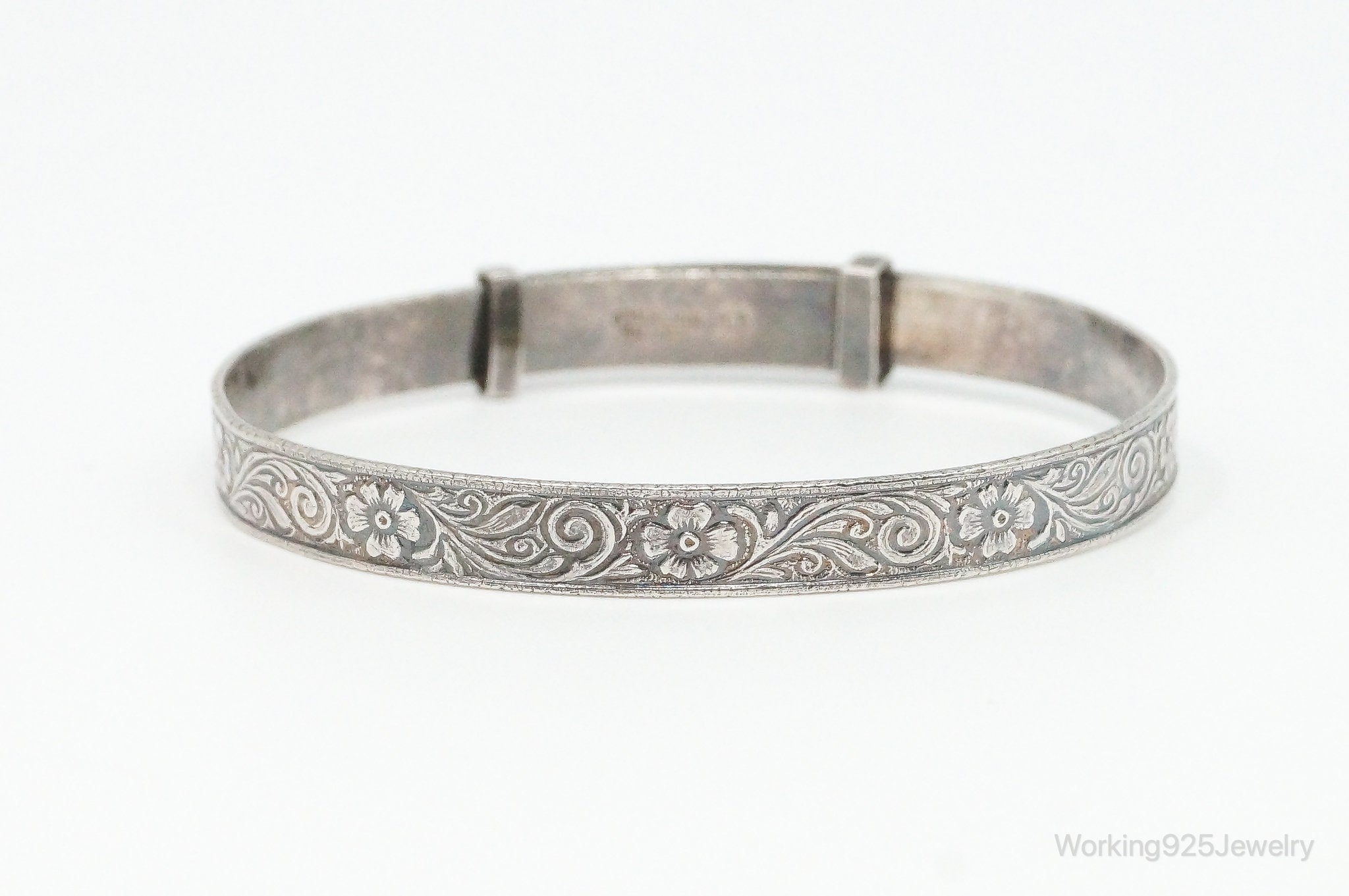 Antique Flowers Motif Sterling Silver Expanding Bangle Bracelet