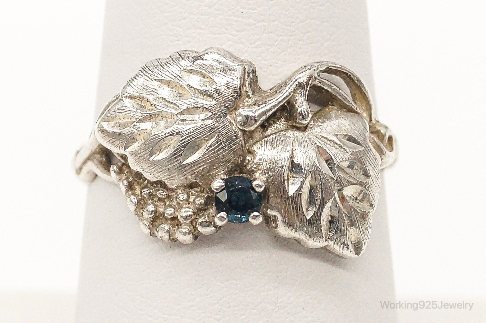 Vintage Blue Topaz Vine & Leaves Sterling Silver Ring - Size 7