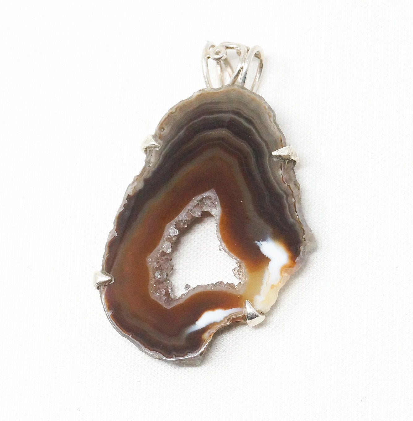 Vintage Large Brown Crazy Lace Agate Sterling Silver Necklace Pendant