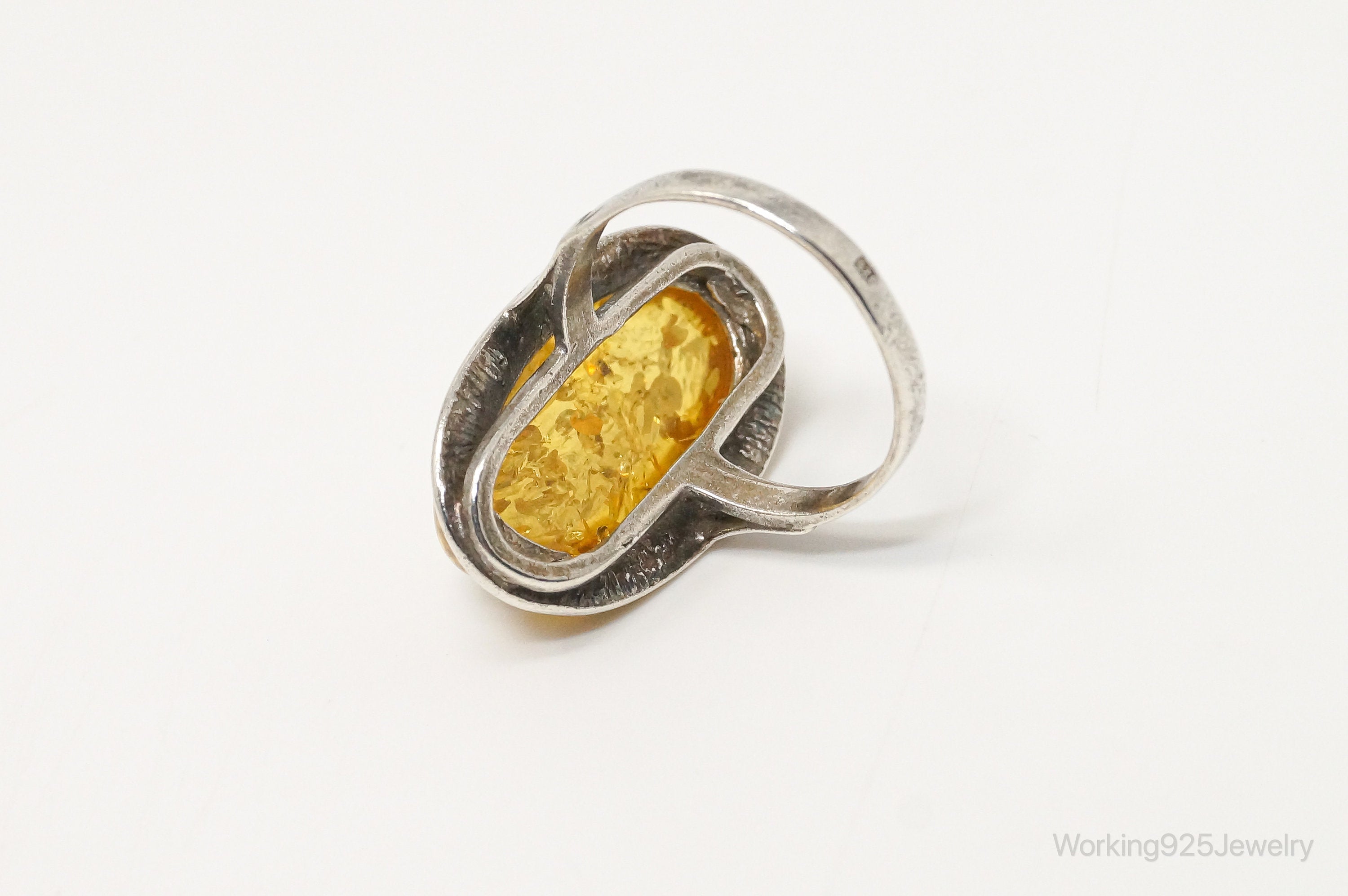 Vintage Large Amber Modern Sterling Silver Ring - Sz 7