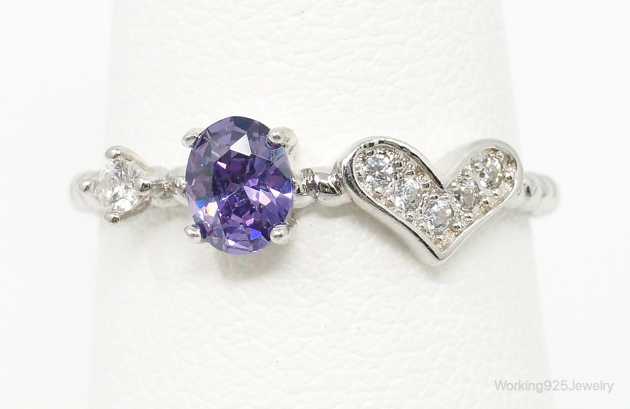 Vintage Amethyst Cubic Zirconia Heart Sterling Silver Ring - Size 6.5 Adjustable