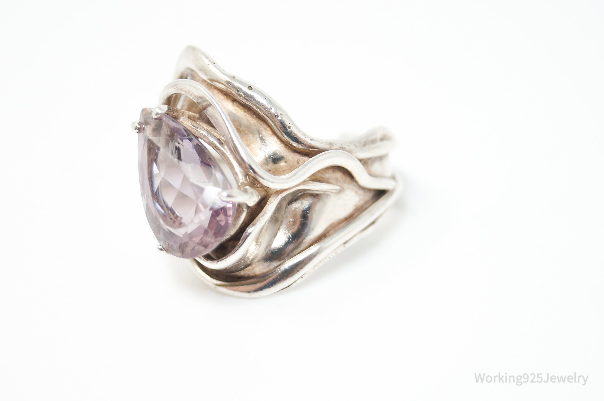 Vintage Designer Amethyst Modernist Sterling Silver Ring - Size 8.75