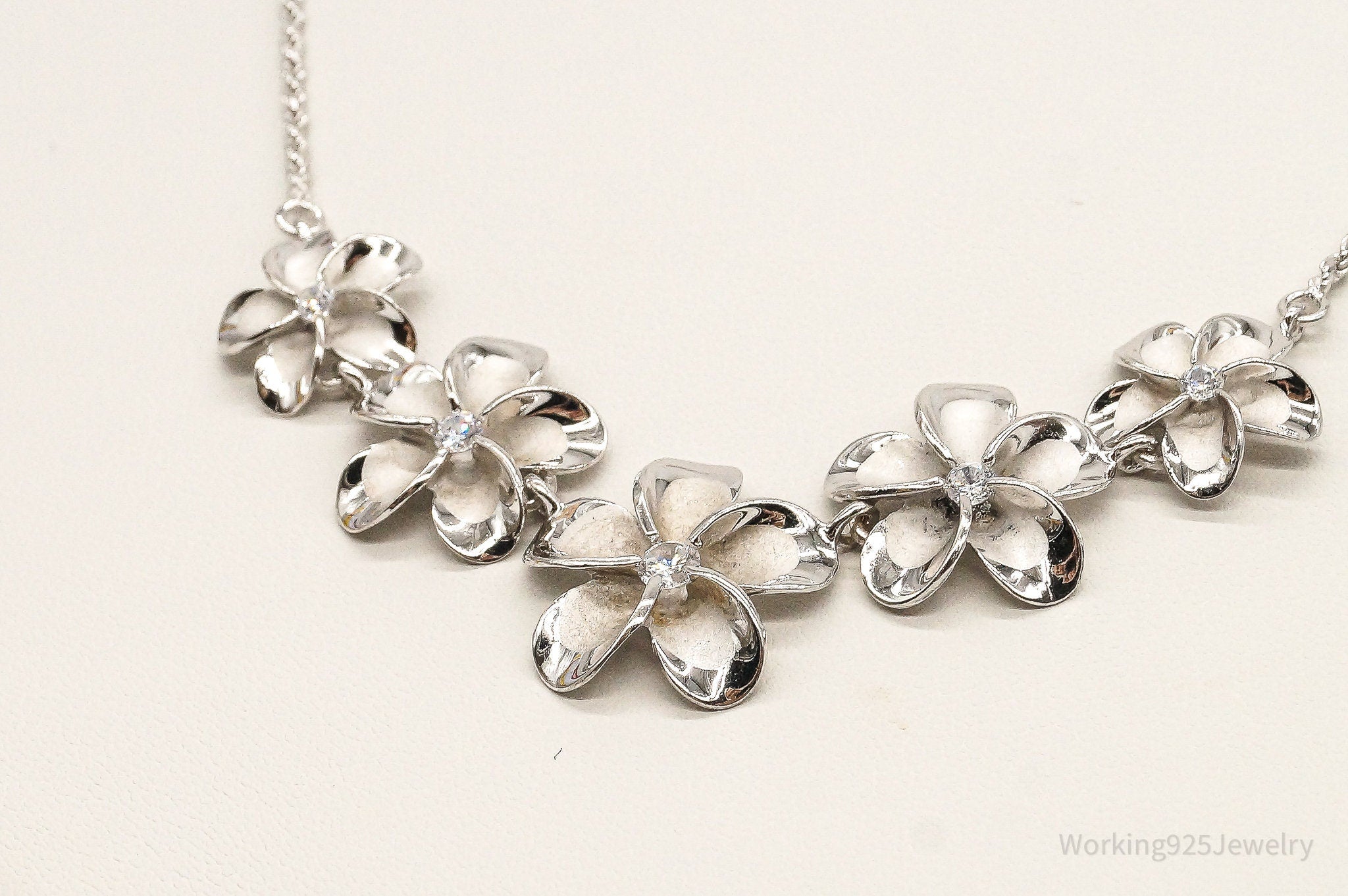 Designer Cubic Zirconia Sterling Silver Flower Necklace