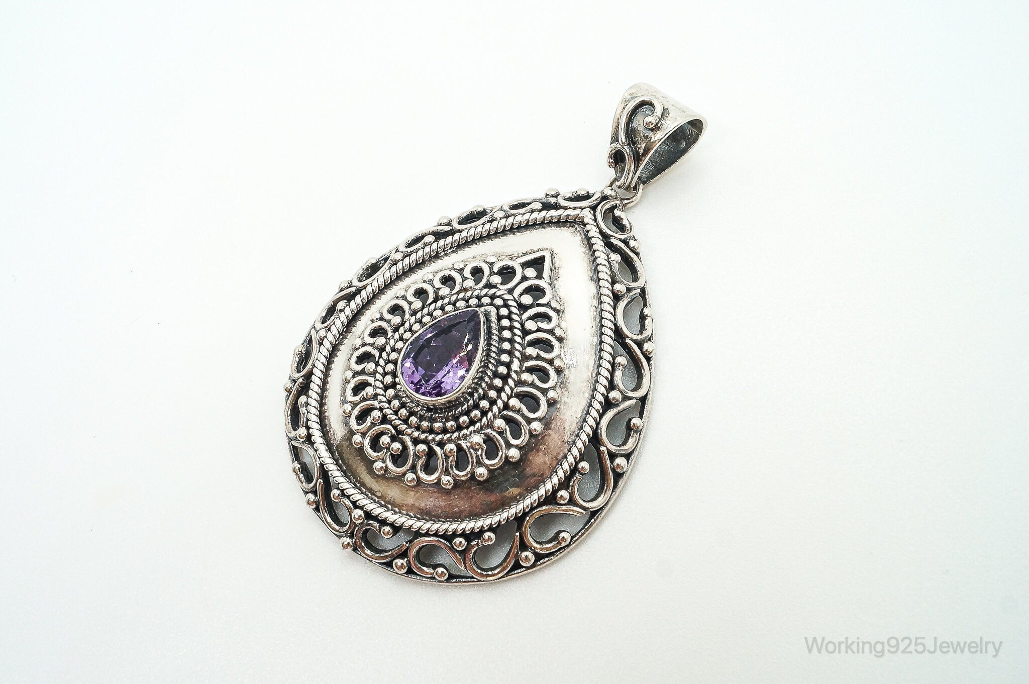 Designer Large Amethyst Bali Inspired Sterling Silver Pendant