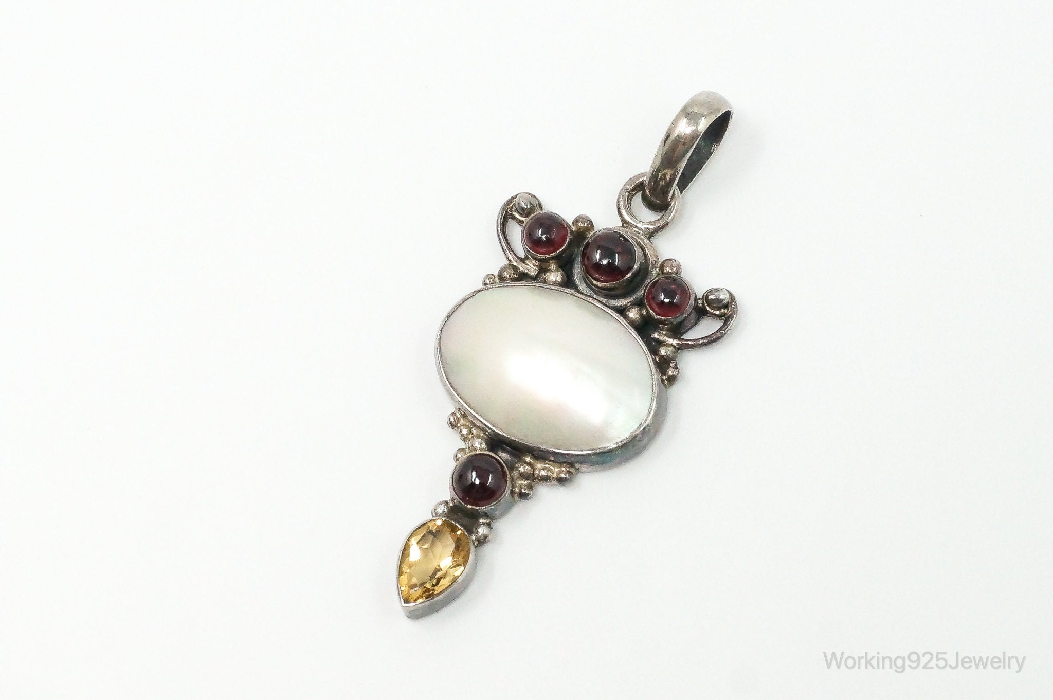 Large Vintage Mothe Of Pearl Citrine Garnet Sterling Silver Pendant