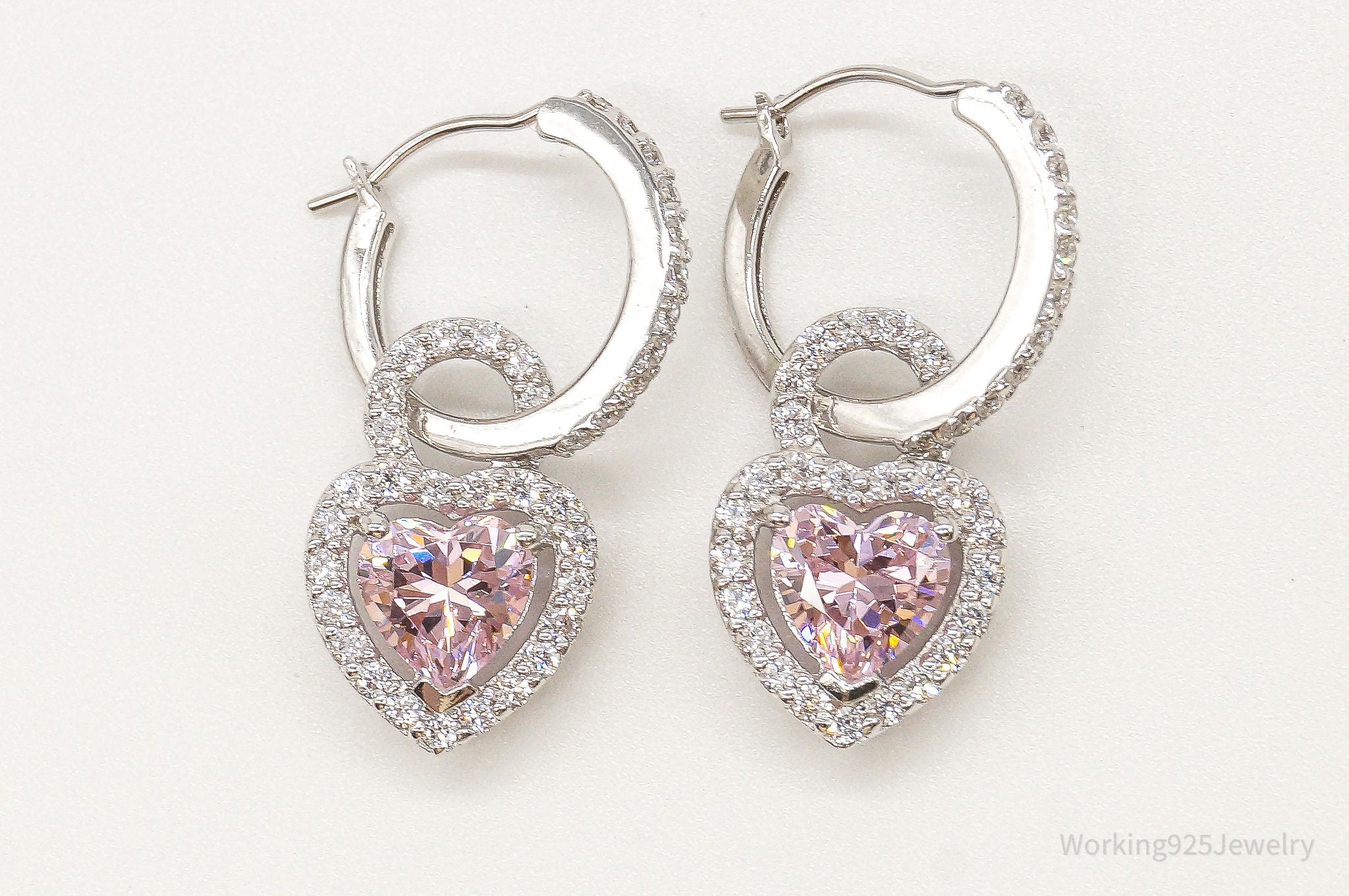 Pink & White Cubic Zirconia Hearts Sterling Silver Earrings