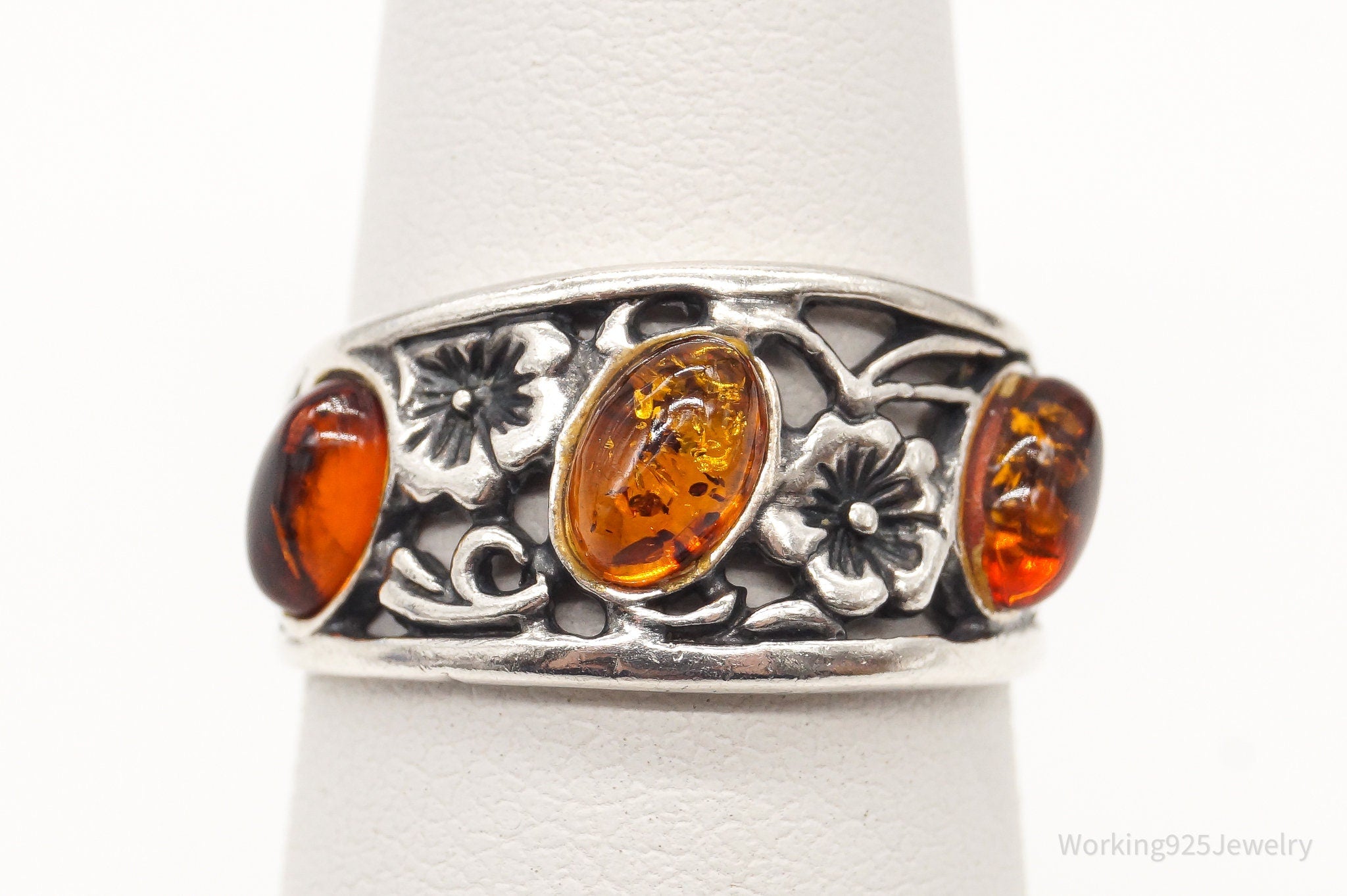 Vintage Baltic Amber Flowers Vines Sterling Silver Ring - Size 6.25